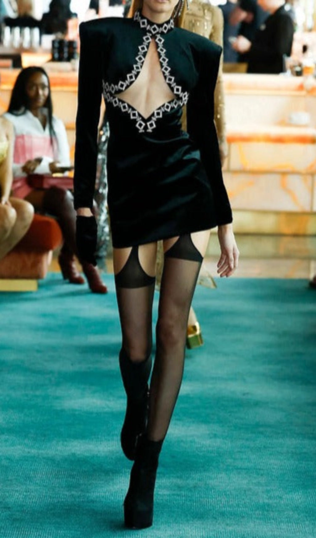 Fashionslee Women Ansa Black Cutout Diamonds Mini Dress