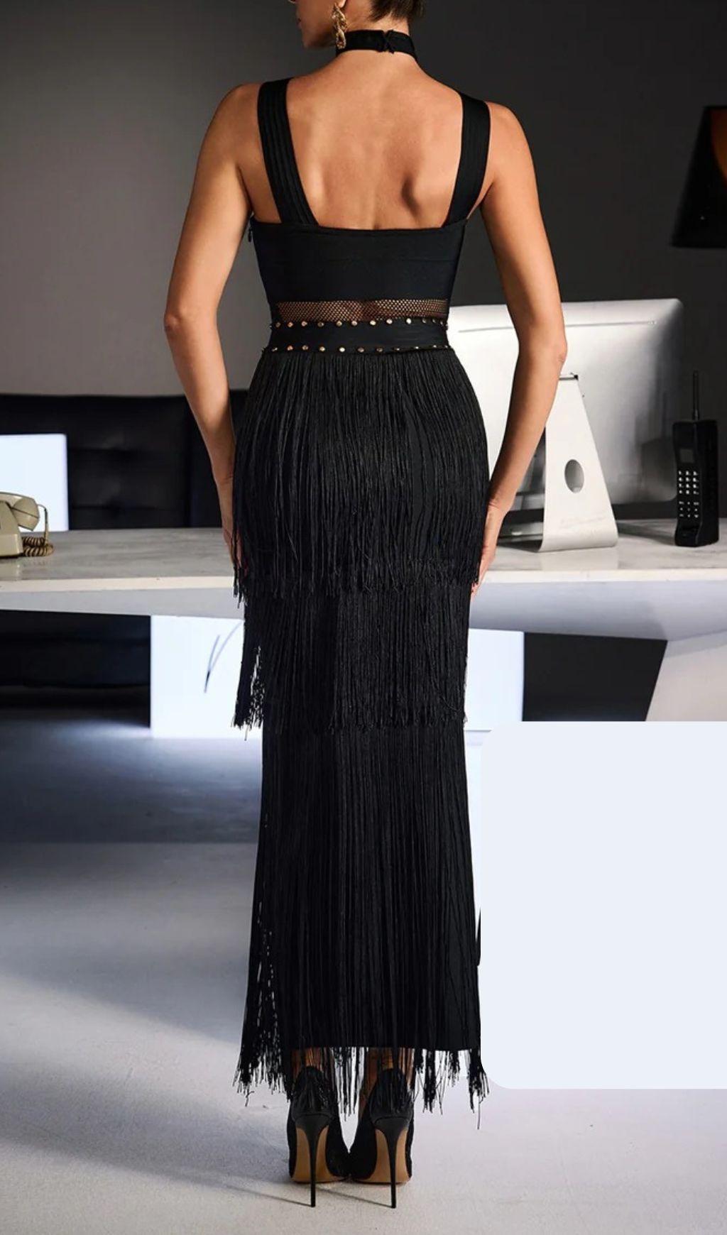 Fashionslee Women Fermin Black Halterneck Bandage Fringe Midi Dress