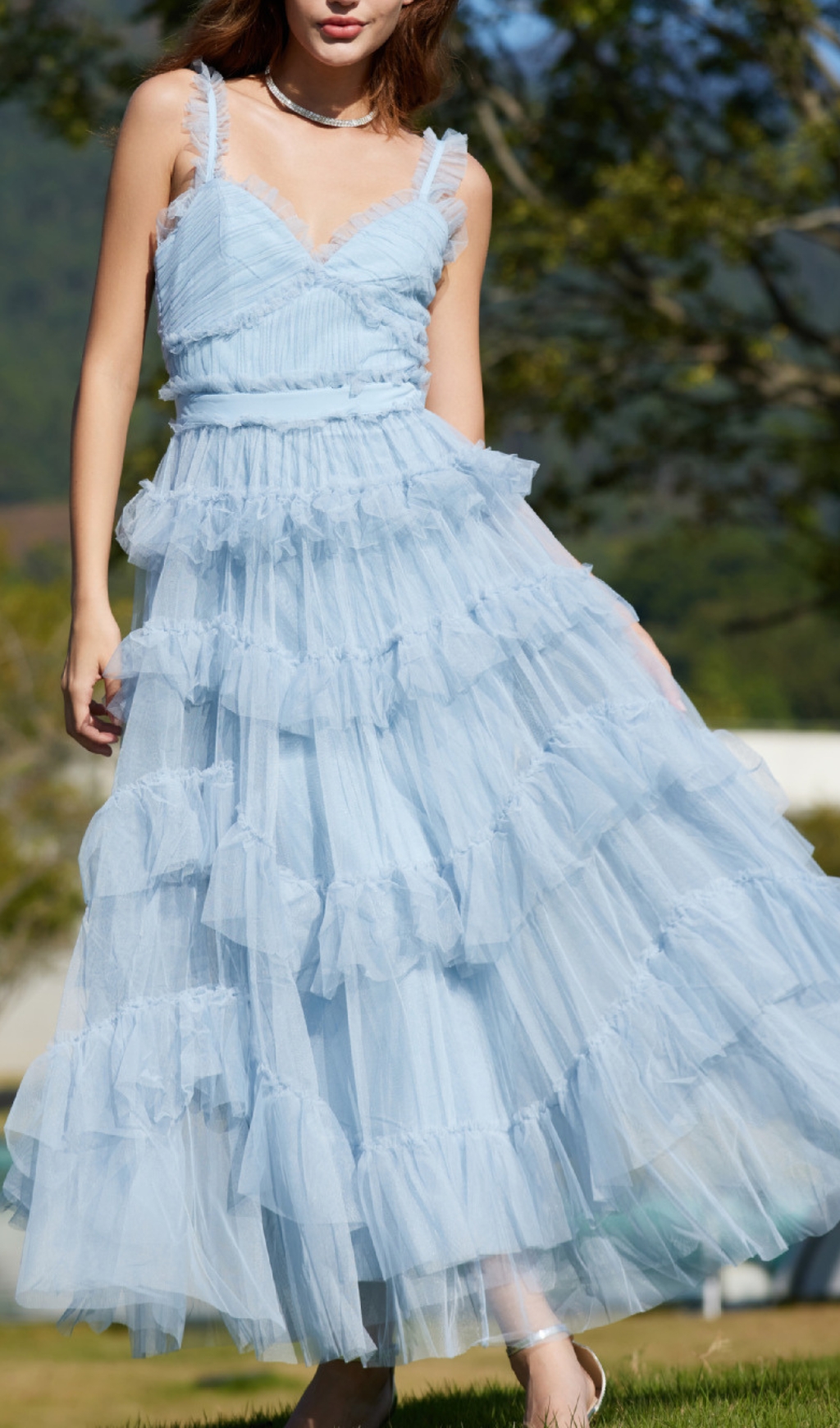 Fashionslee Women Blue Ruffle V Neck Sleeveless Tiered Tulle Maxi Dress