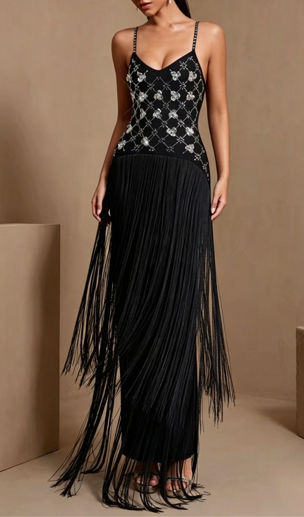 Fashionslee Women Koby Strappy Diamante Tassel Bandage Maxi Dress