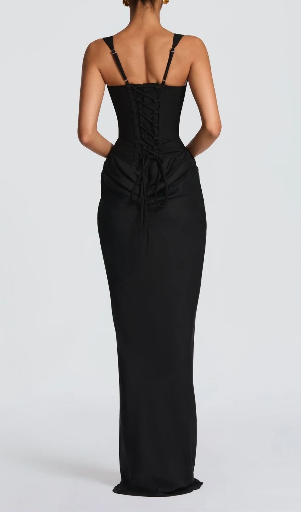 Fashionslee Women Keelia Black Strappy Corset Ruched Maxi Dress