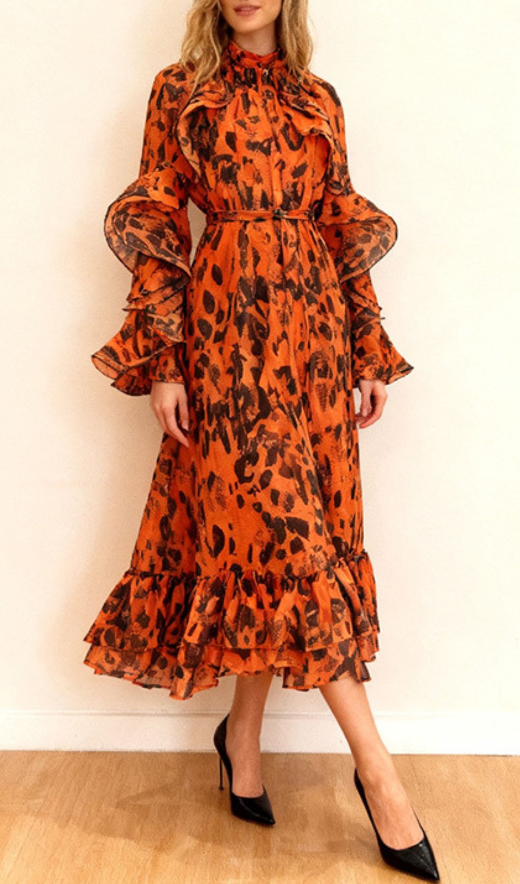 Fashionslee Women Iqbal Leopard Long Sleeve Midi Dress