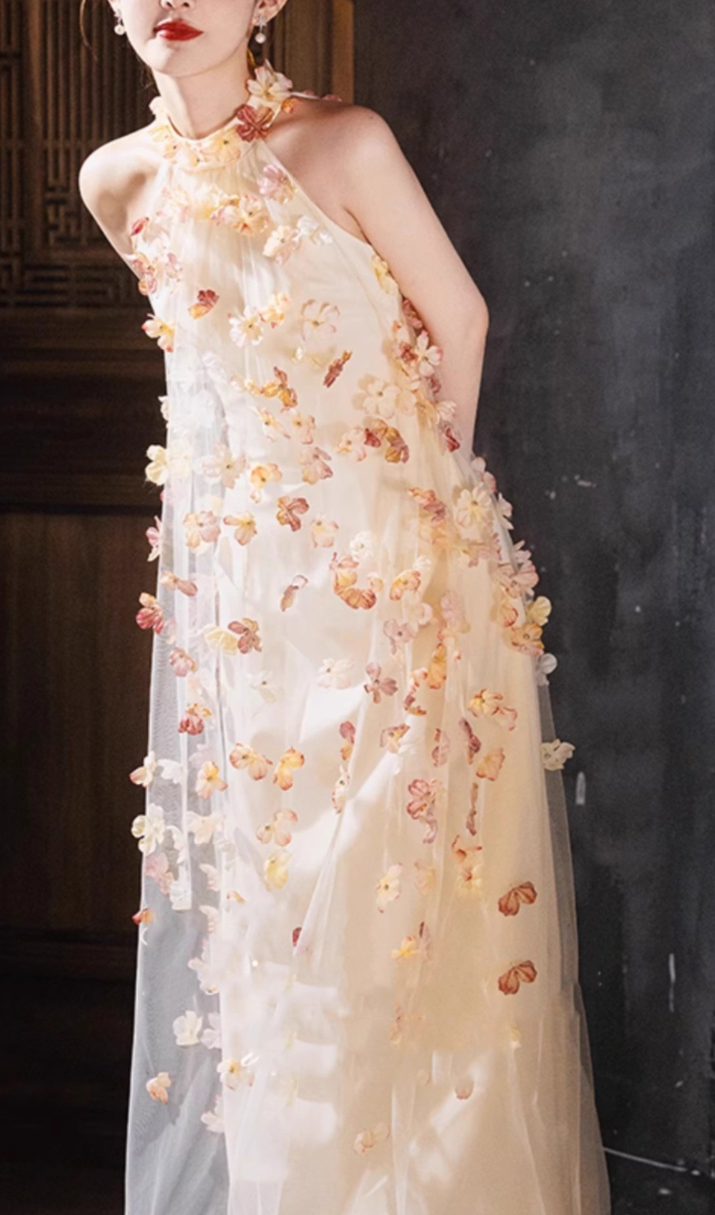 Fashionslee Women Brecken Flower Halter Mesh Maxi Dress