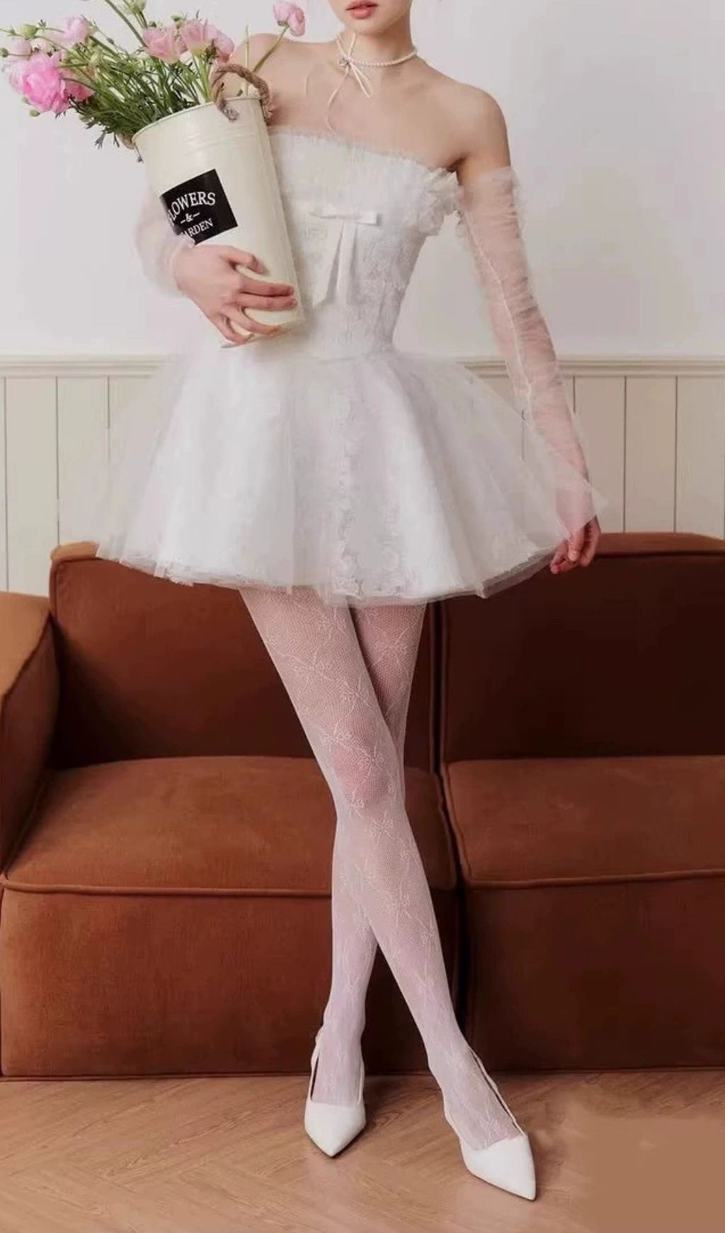 WHITE OFF-SHOULDER LACE MESH VIRAL MINI DRESS - OWNCI WHITE OFF-SHOULDER LACE MESH VIRAL MINI DRESS - OWNCI