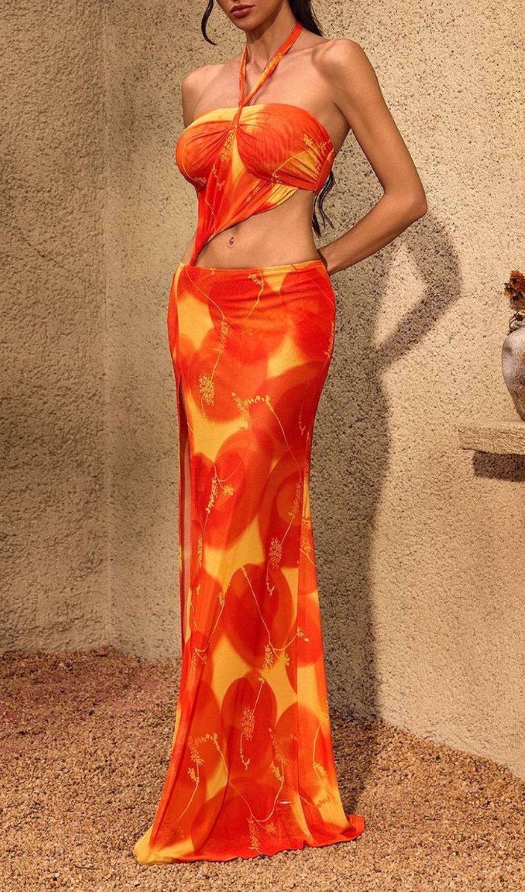 622ea93616e1d0e0eb8fbb817f4331ec.jpg Fashionslee Women Chardae Halterneck Printed Split Maxi Dress