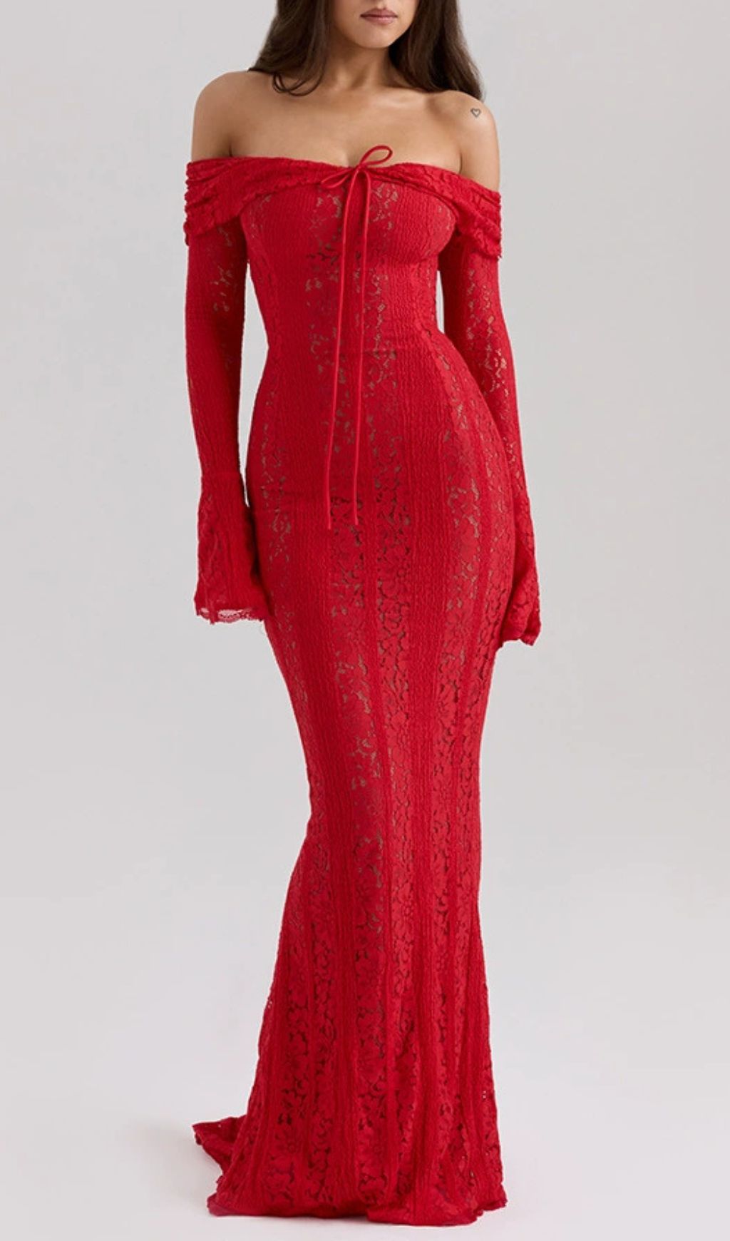 Fashionslee Women Jolene Red Long Sleeve Lace Maxi Dress