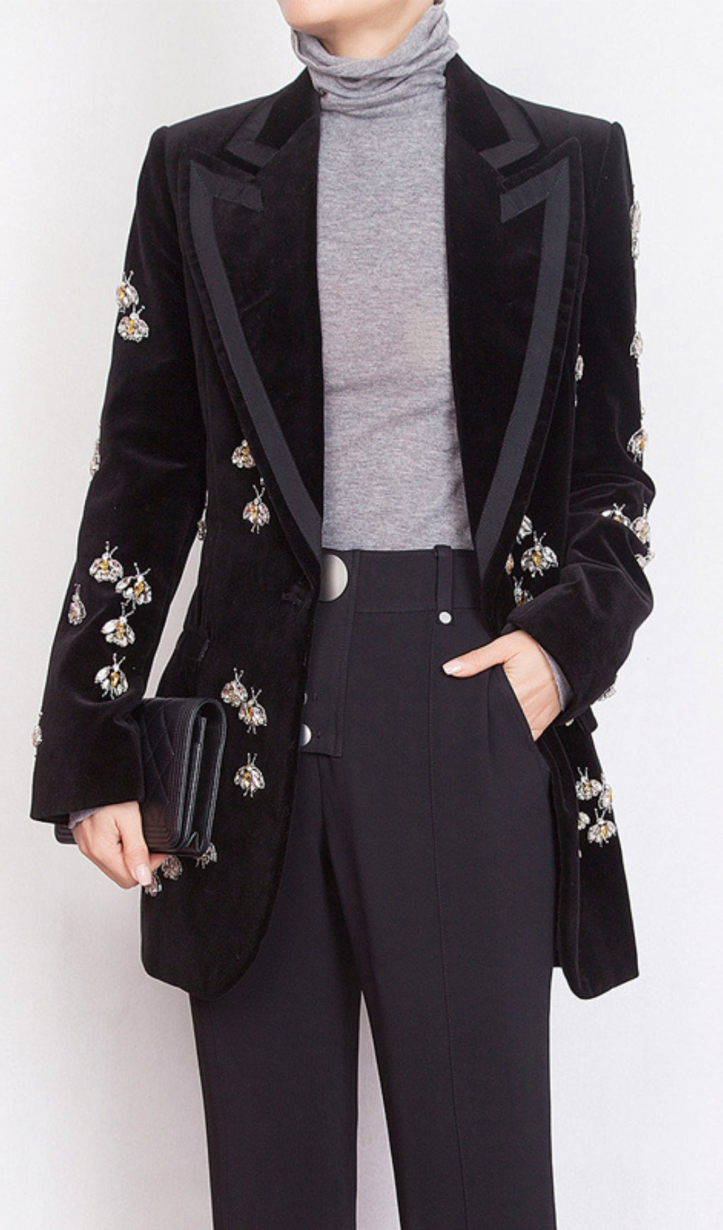 62743ecd6f70f00503a6986e6699c186.jpeg Fashionslee Women Black Velvet Blazer Jacket With Rhinestone Bees
