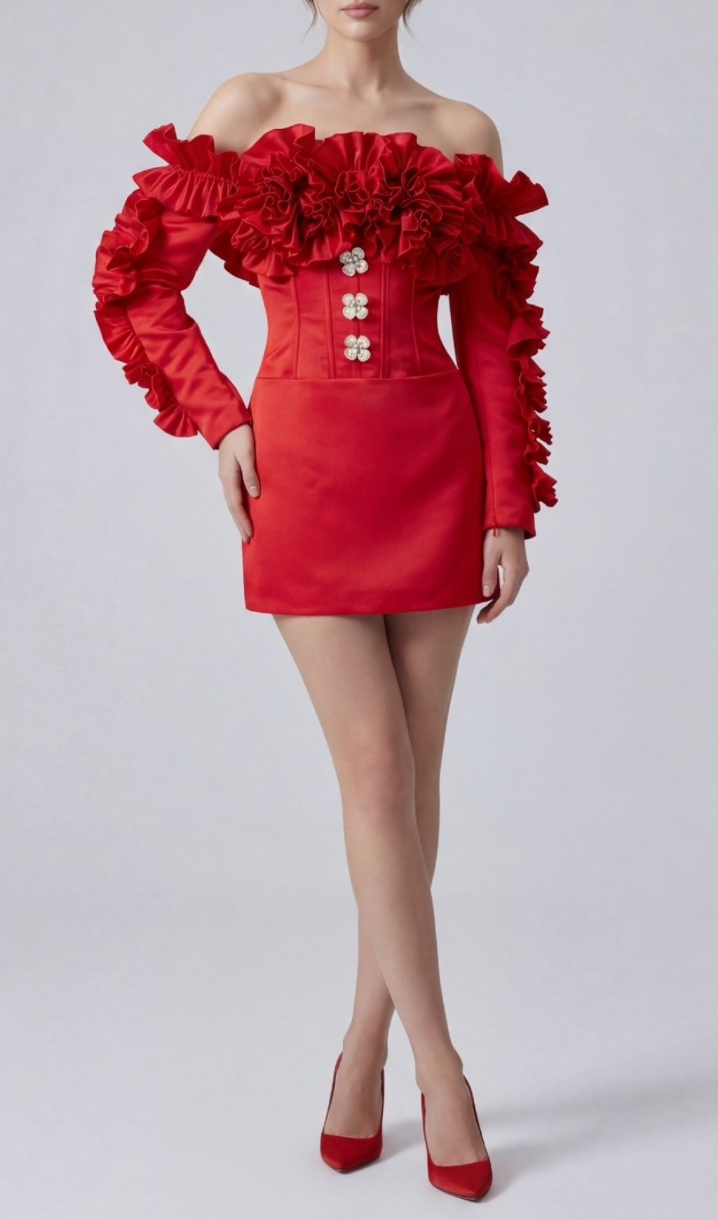 TRENDING RED OFF-SHOULDER RUFFLE MINI DRESS - OWNCI TRENDING RED OFF-SHOULDER RUFFLE MINI DRESS - OWNCI