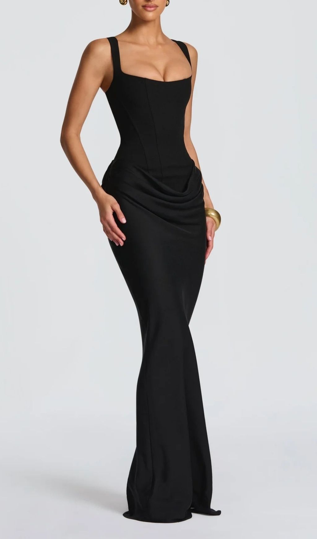 Fashionslee Women Keelia Black Strappy Corset Ruched Maxi Dress