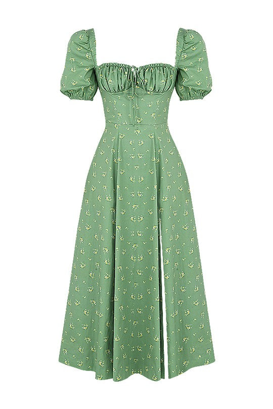 62bffcec645275ab67e0c2ec5e0d7eef.jpeg Fashionslee Women Vintage Floral Puff Sleeve Midi Dress In Green