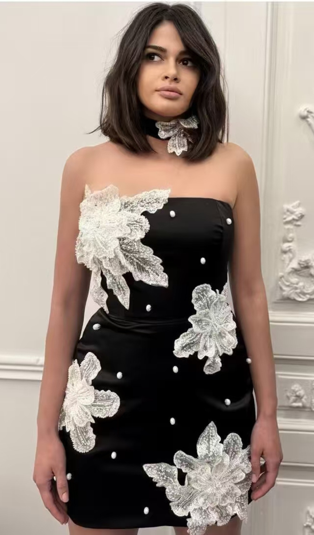 Fashionslee Women Bickford Black Strapless Flower Bandage Mini Dress
