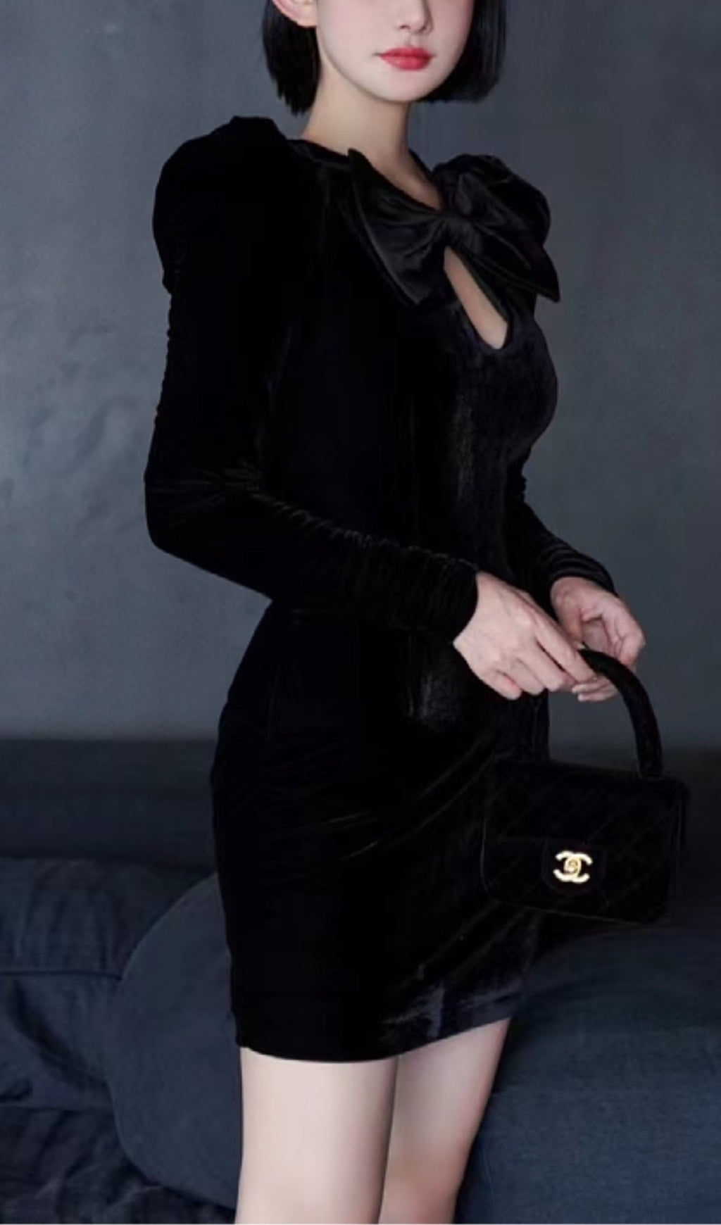 Fashionslee Women Black Velvet Hollow Bow Long-Sleeve Mini Dress