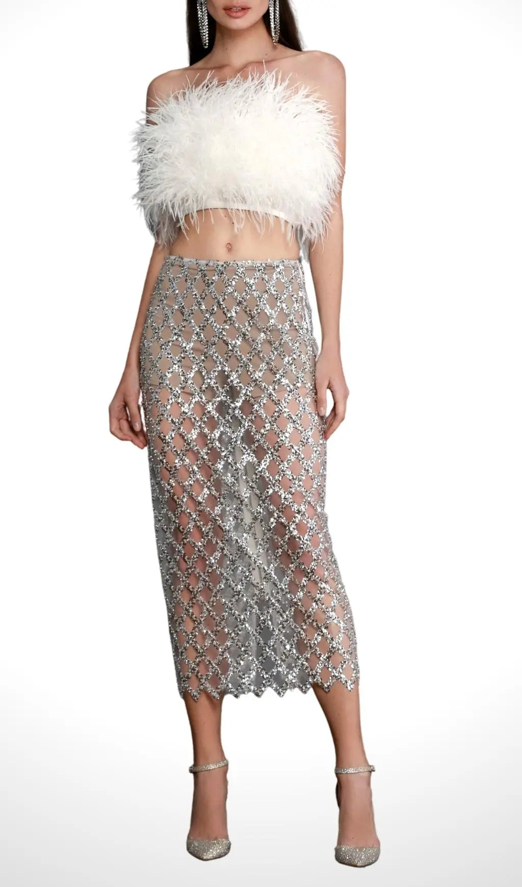 Fashionslee Women Feather Sequin Two Piece Set In White