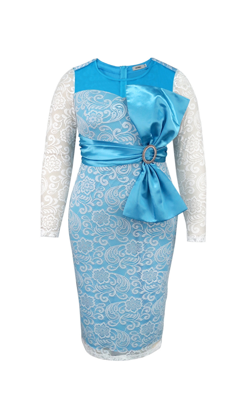 Fashionslee Women Baila Blue Bow Lace Long Sleeve Midi Dress