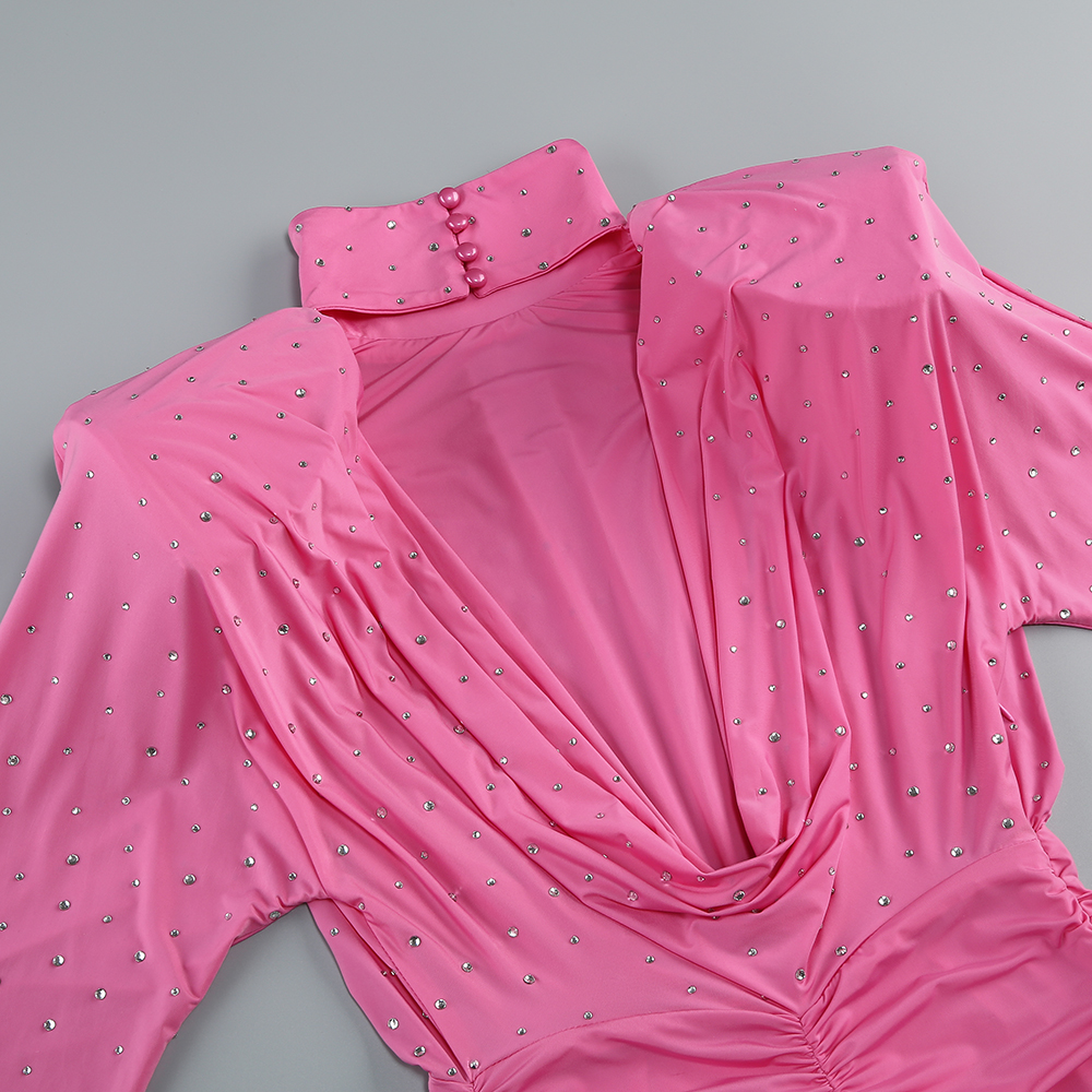 63355f48ddfc576c8039597c1a3b2575.jpg Fashionslee Women Pink Long Sleeve Crystal Ruched Dress