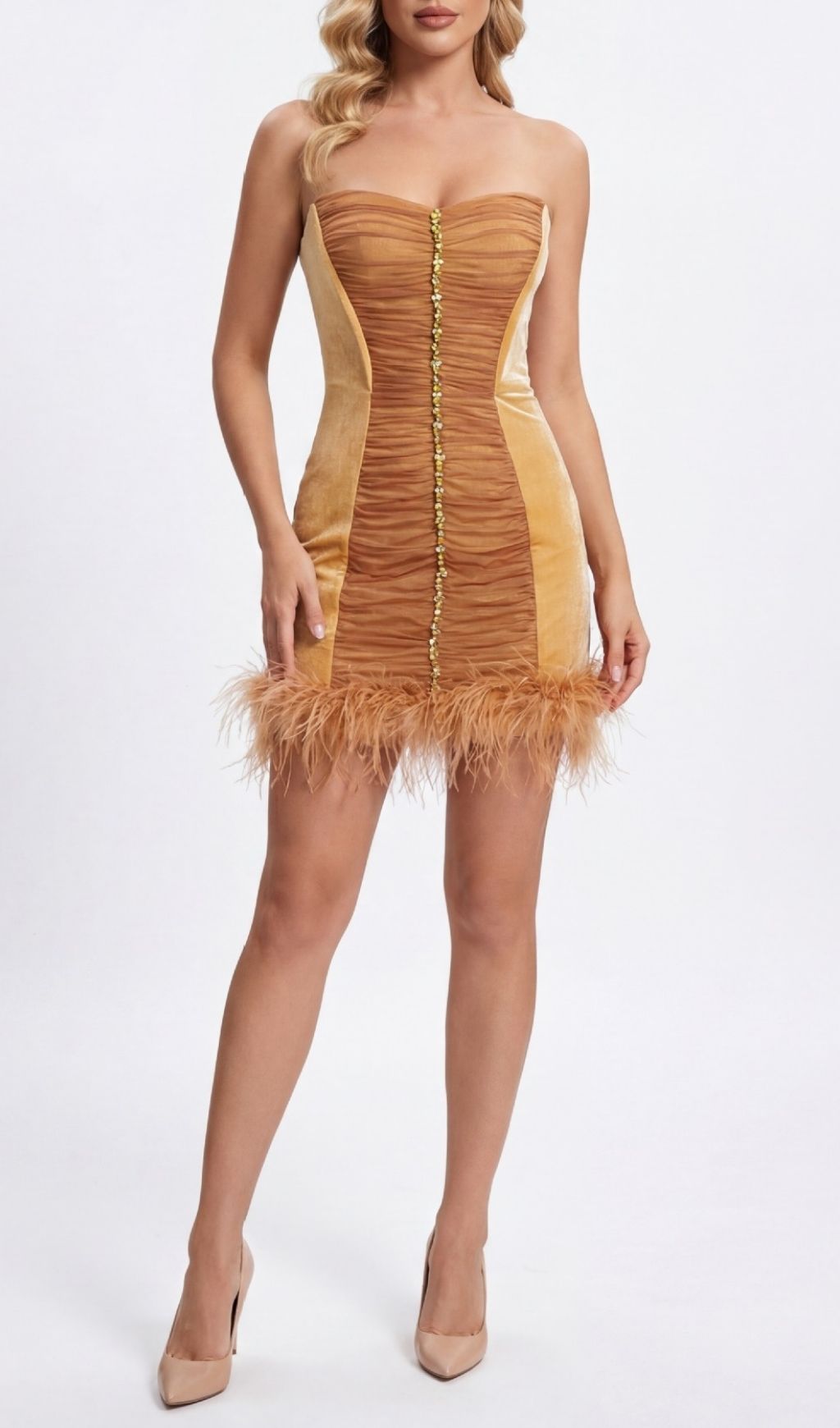 Fashionslee Women Kazuhito Strapless Diamante Ruched Feather Mini Dress