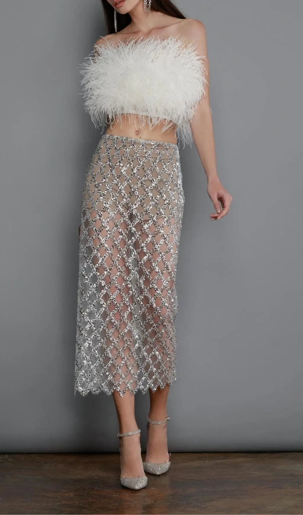 Fashionslee Women Feather Sequin Two Piece Set In White