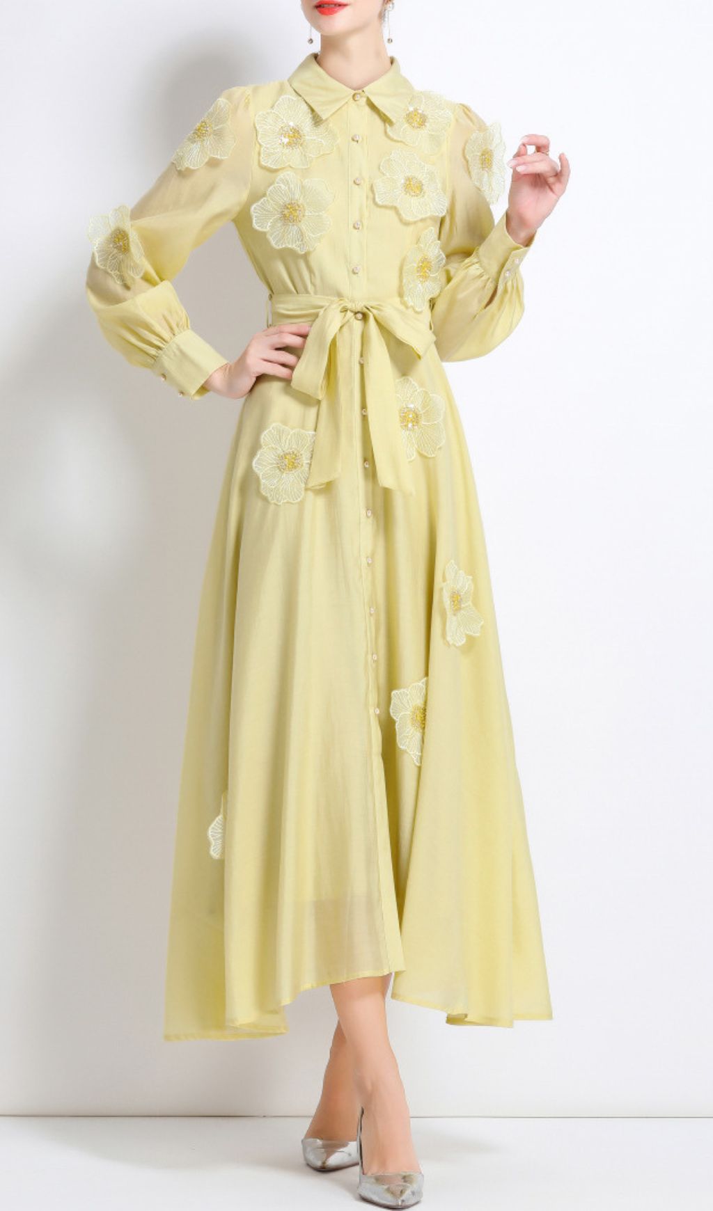 Fashionslee Women Holly Yellow Flower Long Sleeve Midi Dress