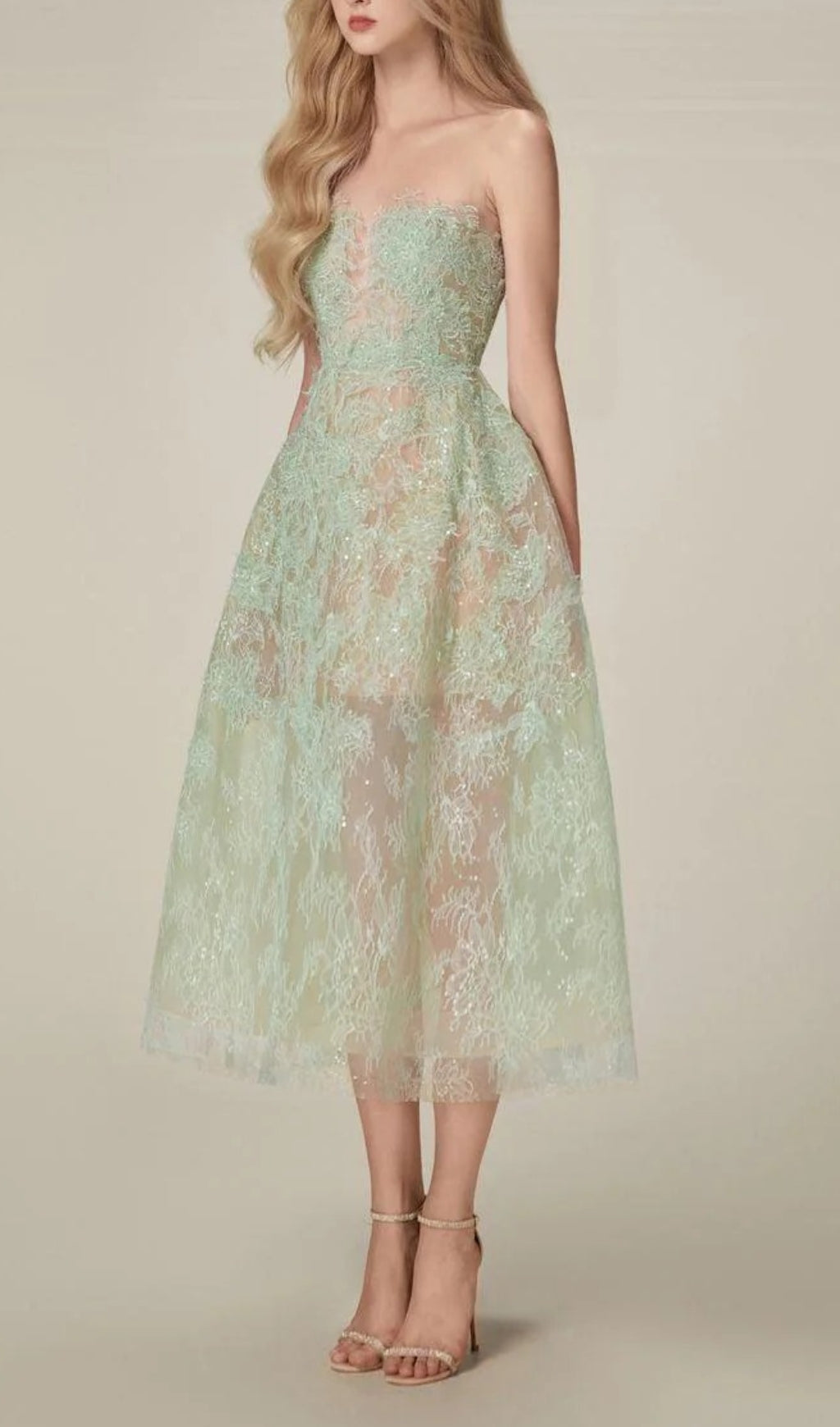 Fashionslee Women Allyson Green Floral Lace Embroider Midi Dress