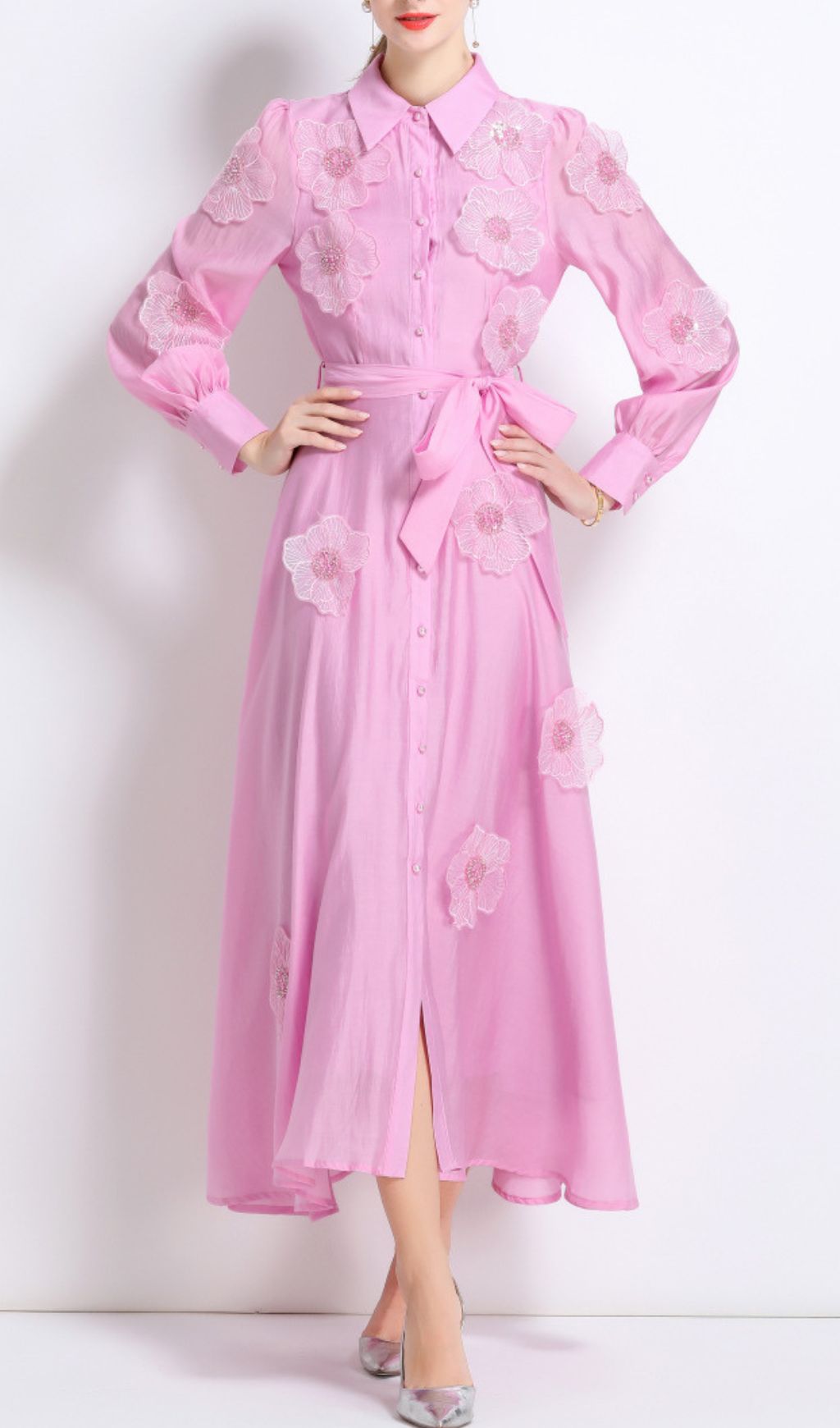 Fashionslee Women Holly Pink Flower Long Sleeve Midi Dress