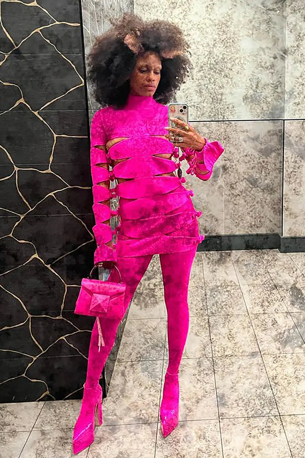 Fashionslee Women Long Sleeve Hollow Out Mini Bandage Dress In Pink