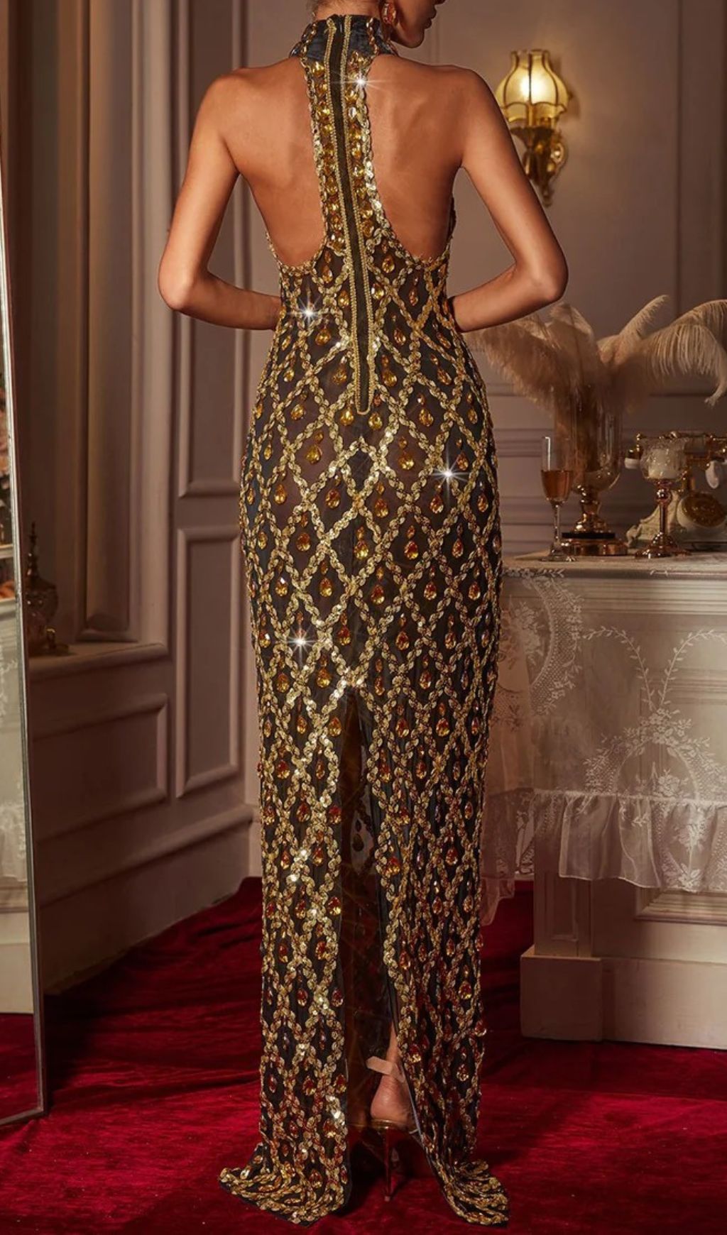 Fashionslee Women Liora Sequin Crystal Maxi Dress In Gold