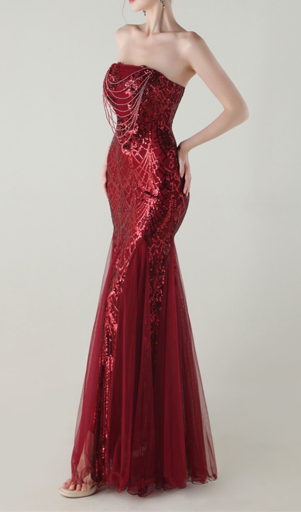 64eb373f3c7080e8ed1e7f02ce2c4c2a.jpg Fashionslee Women Ikuye Red Strapless Sequin Mesh Maxi Dress