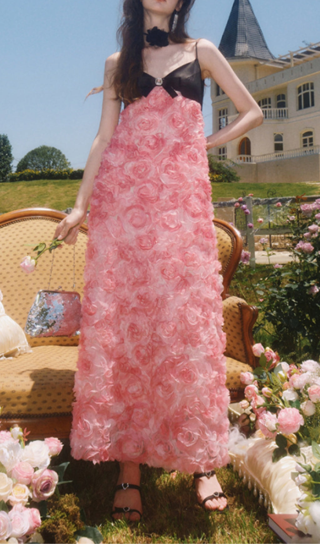 Fashionslee Women Rose Appliquéd Spaghetti Maxi Dress In Pink