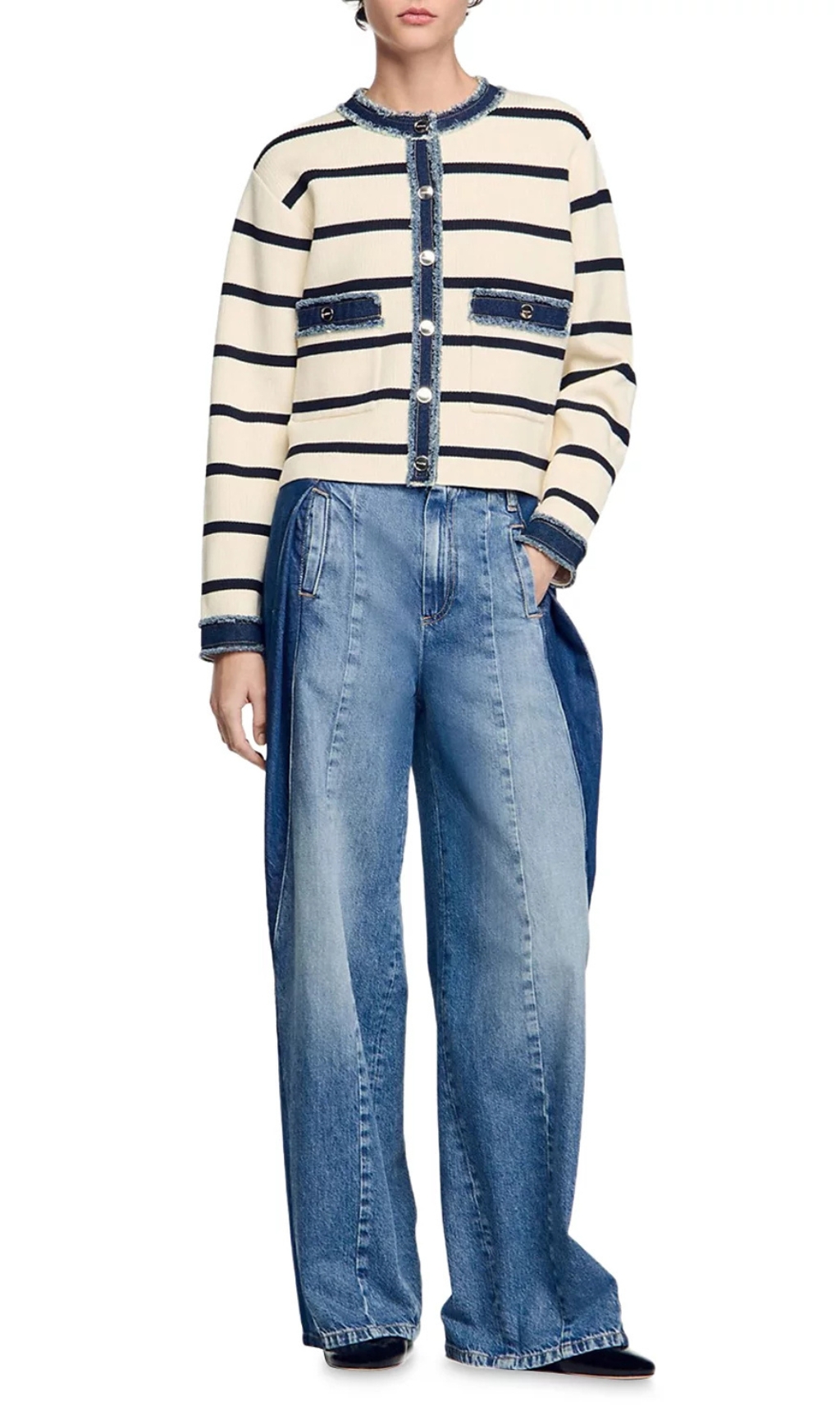 Fashionslee Women Striped Cardigan With Denim Detail