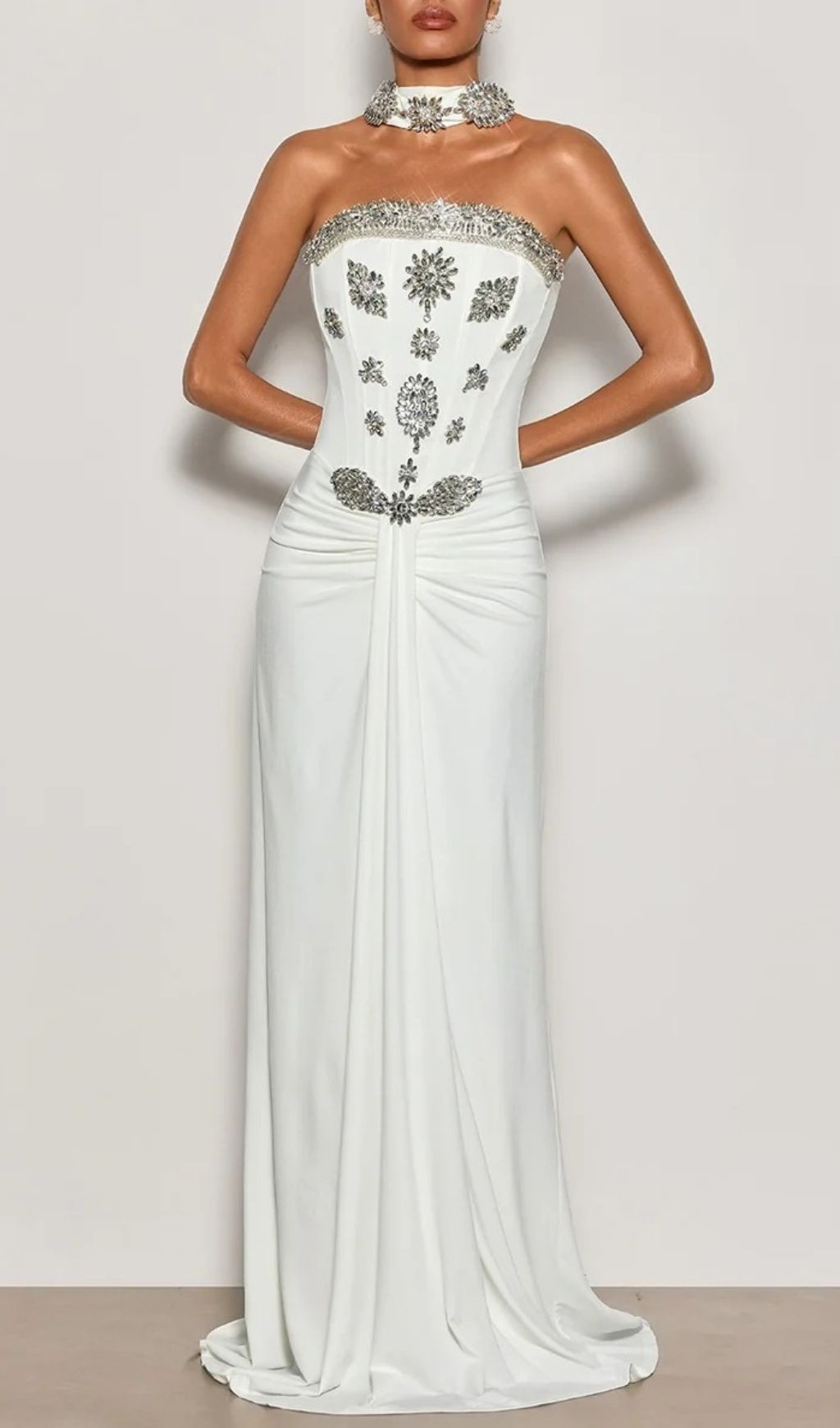 Fashionslee Women Kestrel White Diamante Ruched Maxi Dress