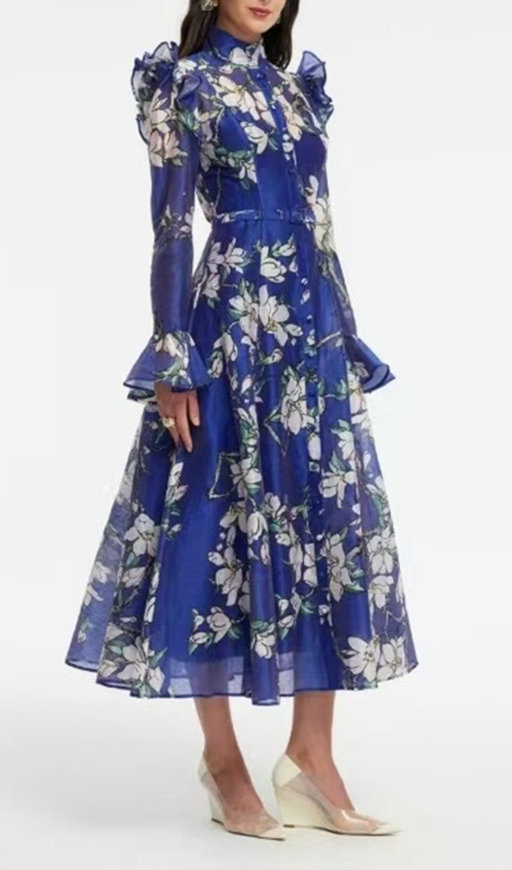 Fashionslee Women Gavrila Blue Floral Long Sleeve Midi Dress
