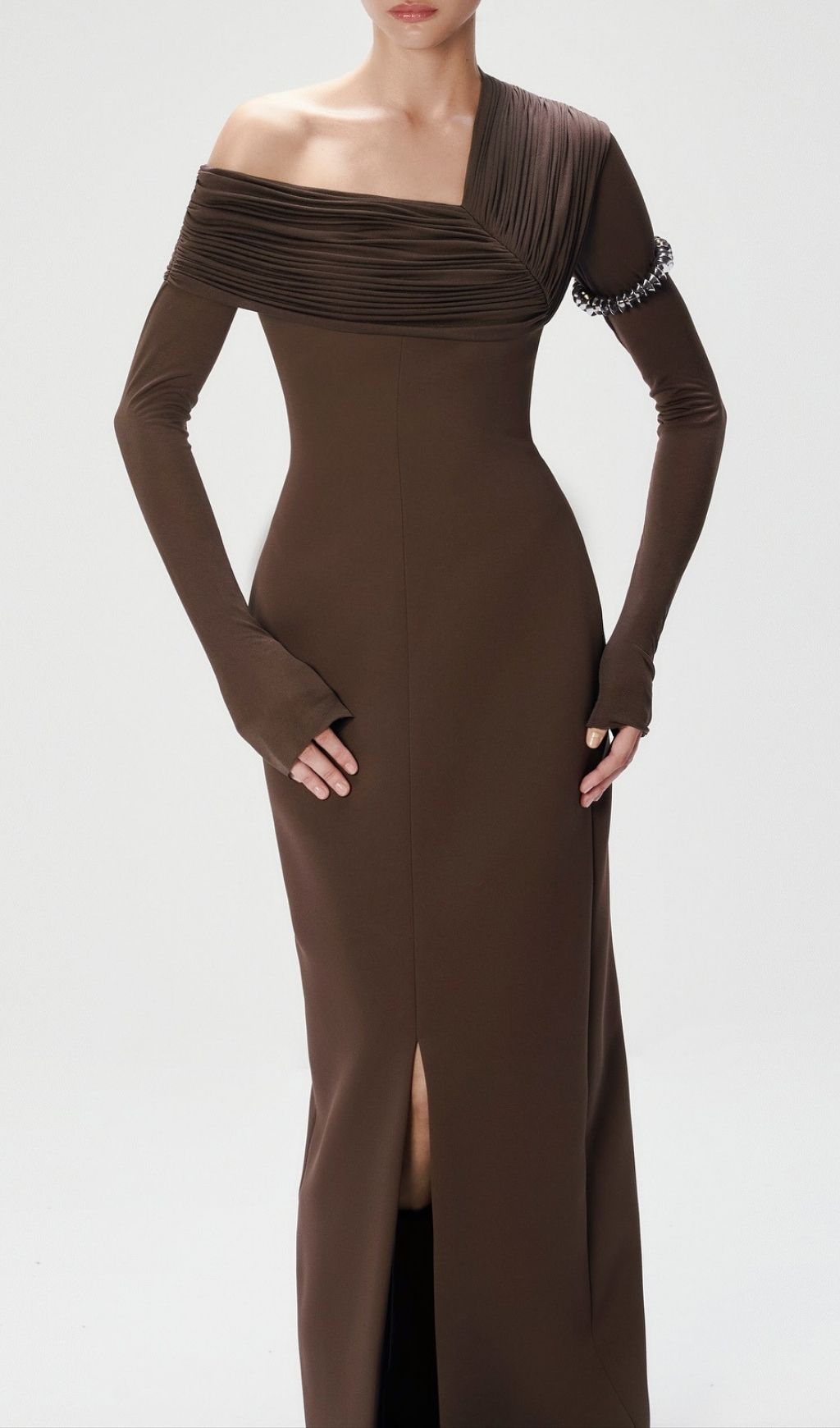 Fashionslee Women Katelynn Coffee Long Sleeve Ruched Maxi Dress