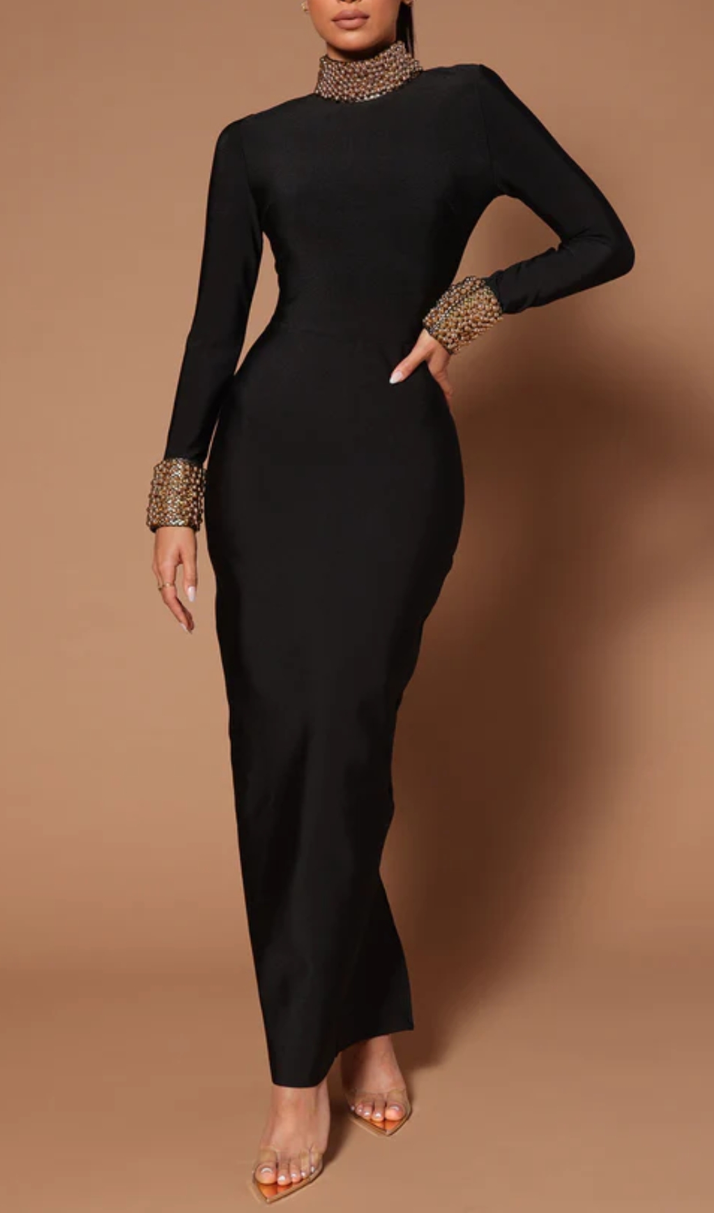 Fashionslee Women Bambina Black Long Sleeve Embellished Maxi Dress