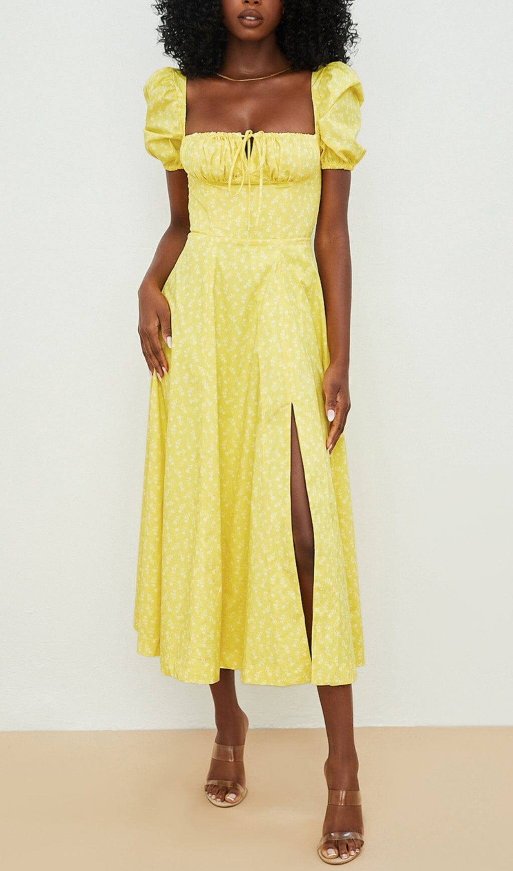 Fashionslee Women Vintage Floral Puff Sleeve Midi Dress In Yellow
