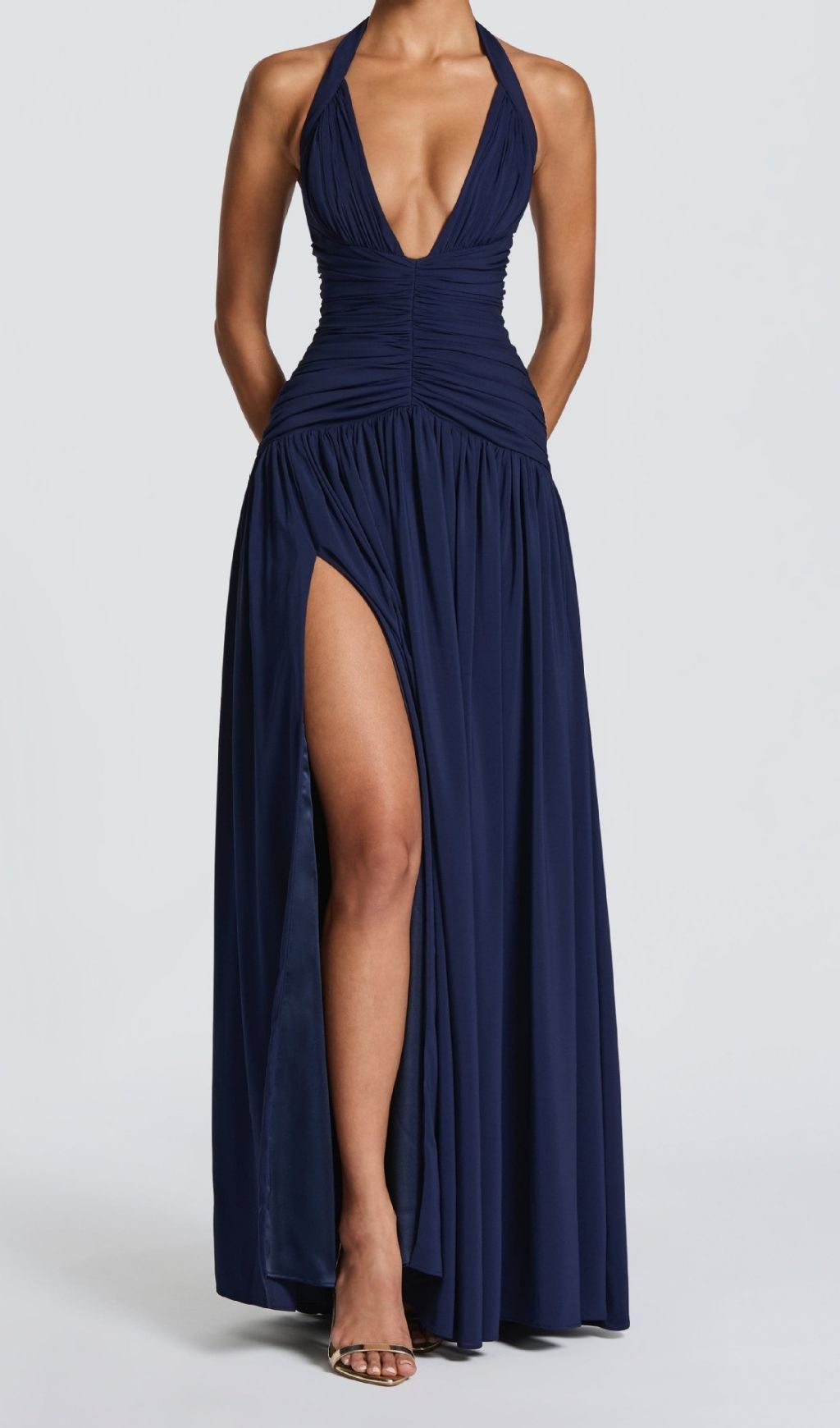 Fashionslee Women Kelley Navy Halter Ruched Maxi Dress