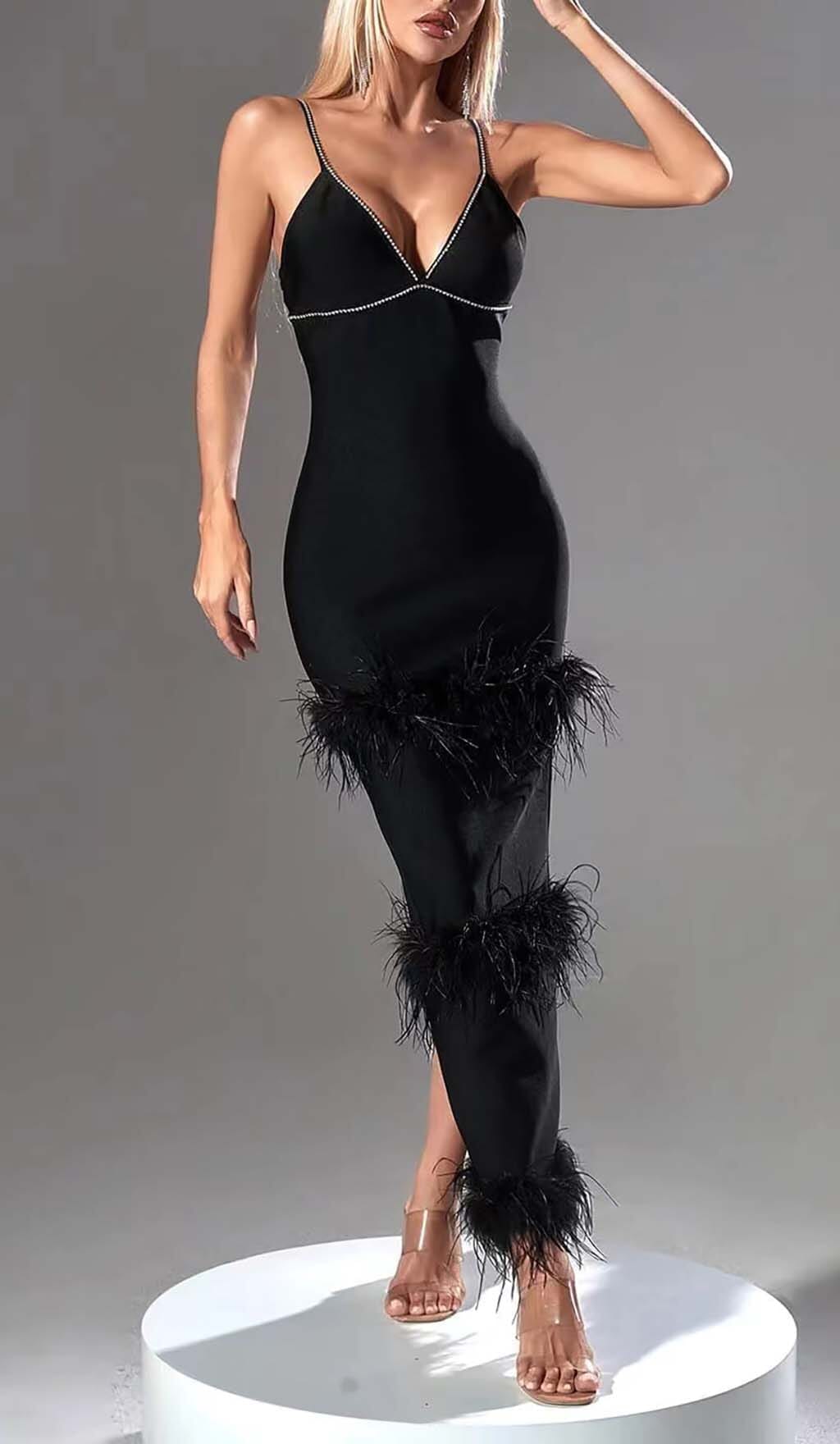 65fb758d2fe25135f4eab30837f6283f.jpeg Fashionslee Women Rhinestone Tiered Feather Midi Dress In Black