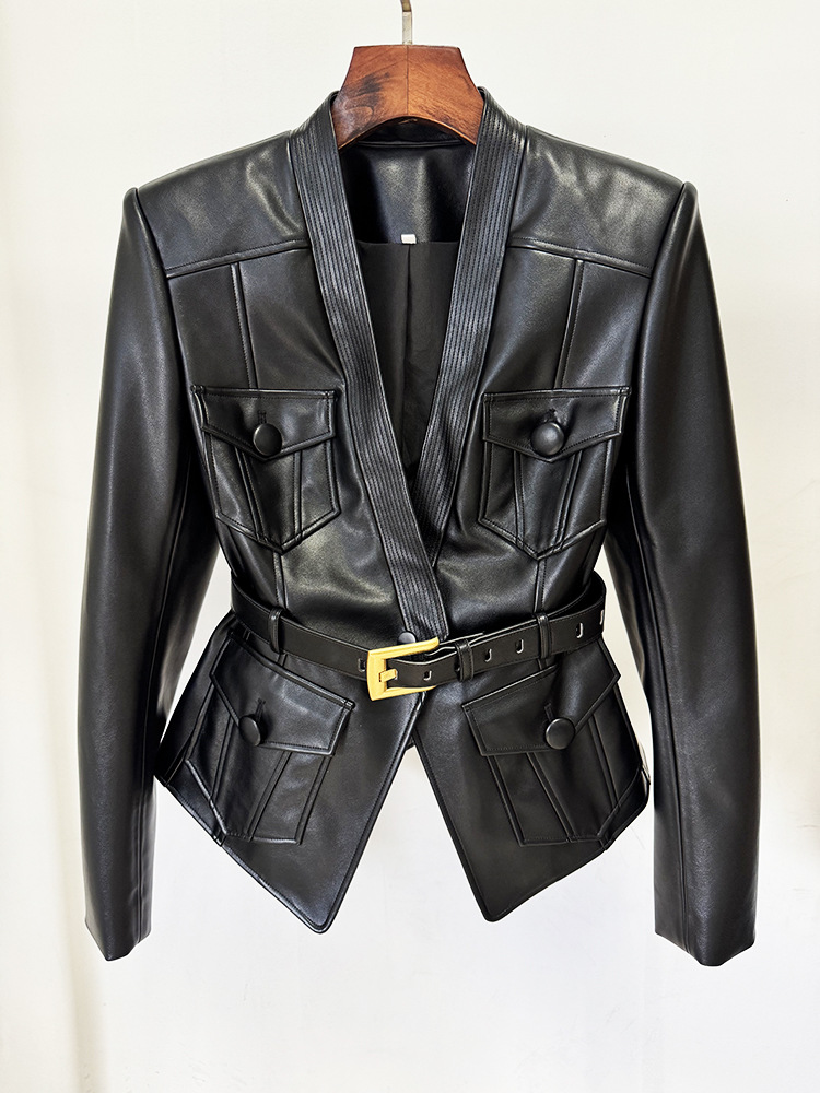 667fc1d6aab8c545ba3f1f501a8000b9.jpg Fashionslee Women Gustavo Black Belt Jacket