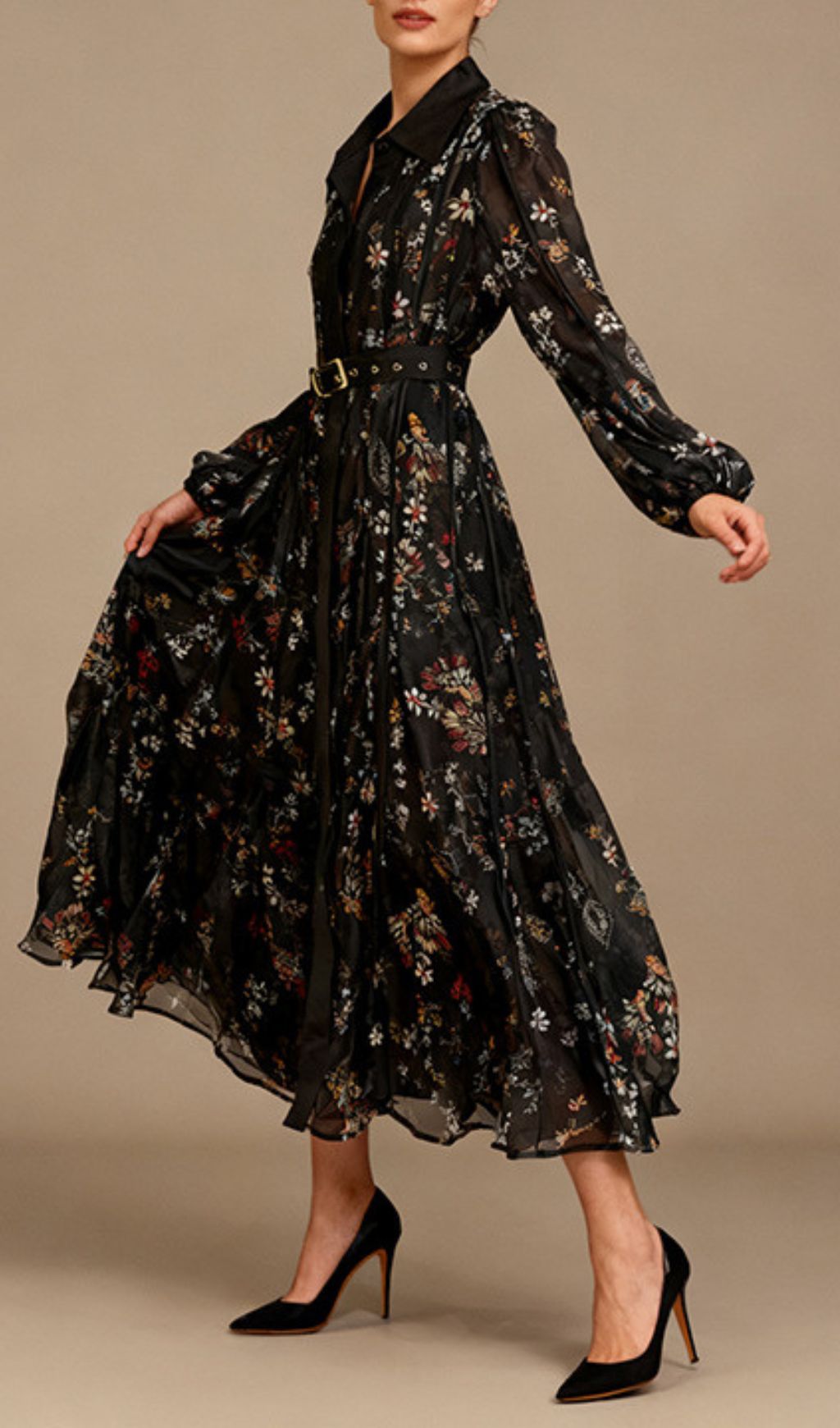 Fashionslee Women Ilandere Black Floral Long Sleeve Midi Dress