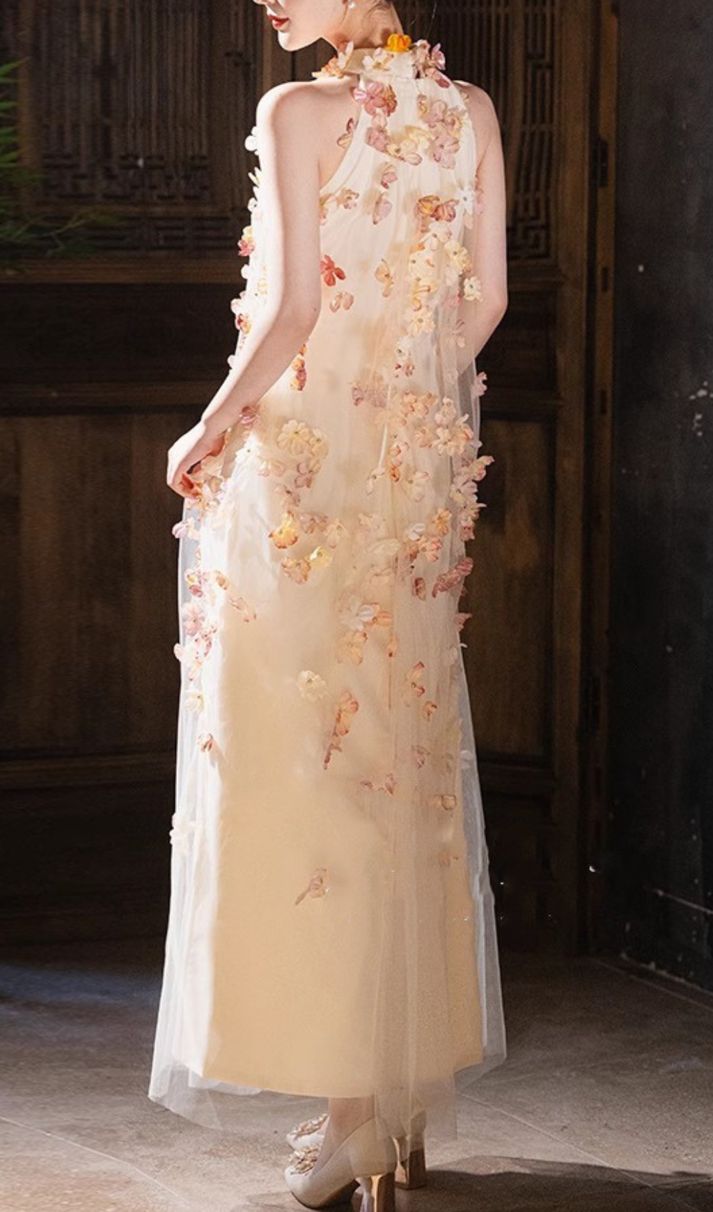 Fashionslee Women Brecken Flower Halter Mesh Maxi Dress