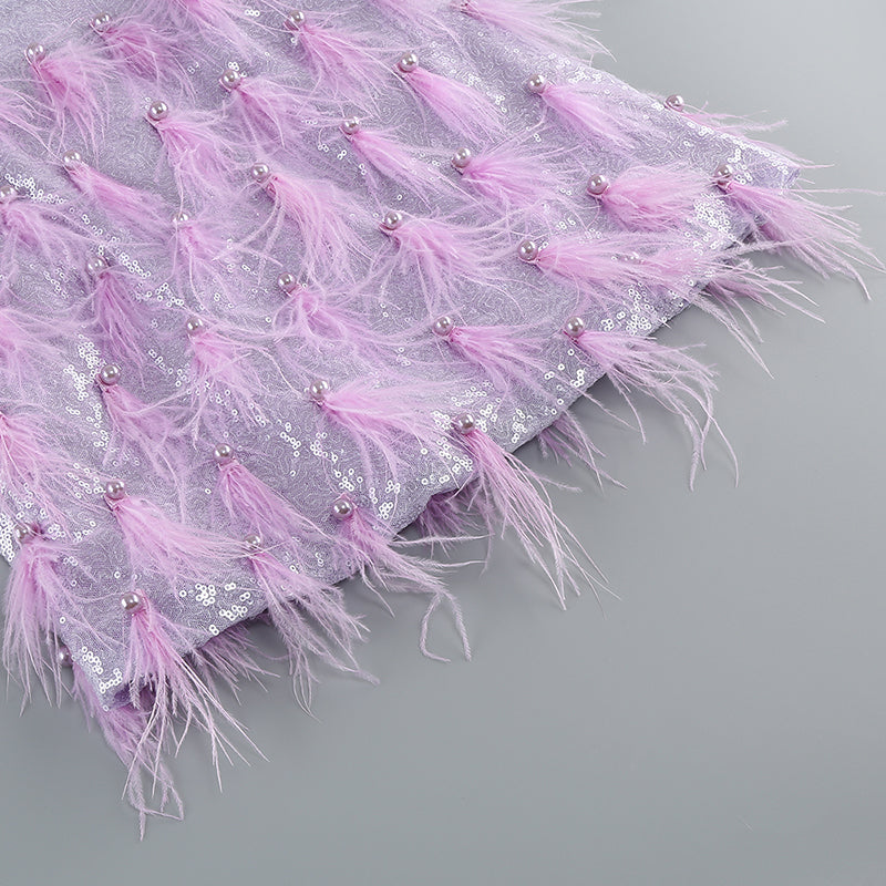 66da017bbd3349e6066c6a42966b85a9.jpeg Fashionslee Women Akanksha Purple Feather Sequins Mini Dress