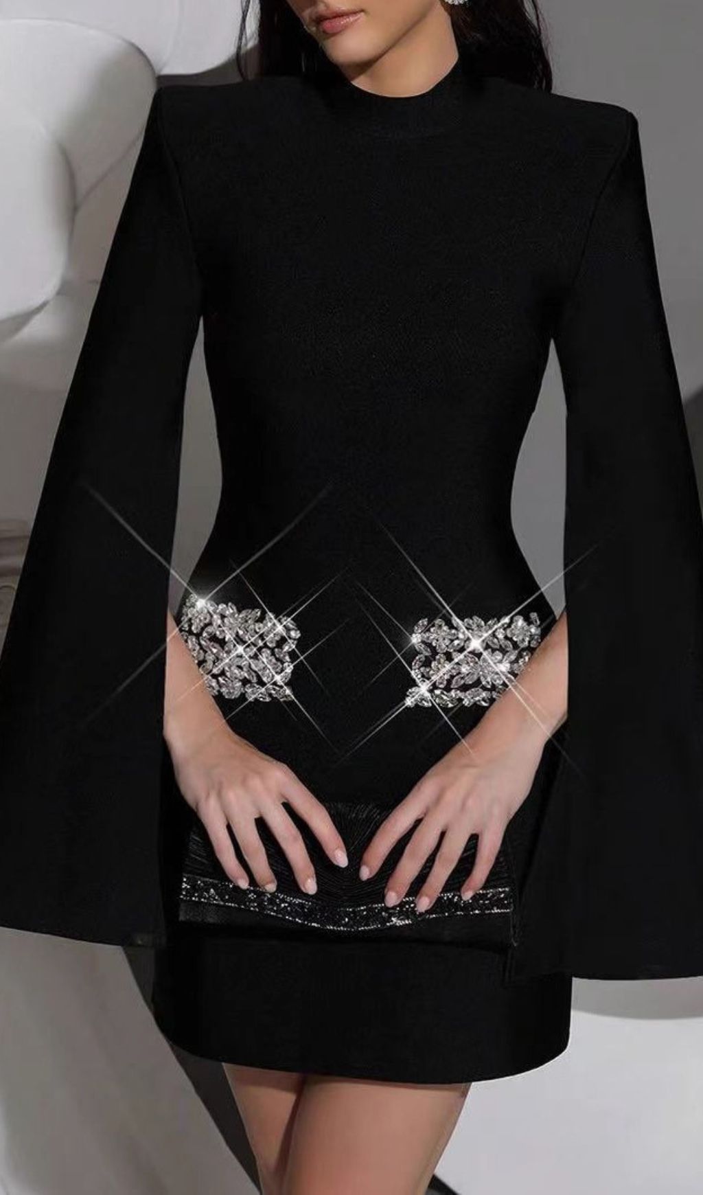 Fashionslee Women Irida Black Diamante Long Sleeve Mini Dress