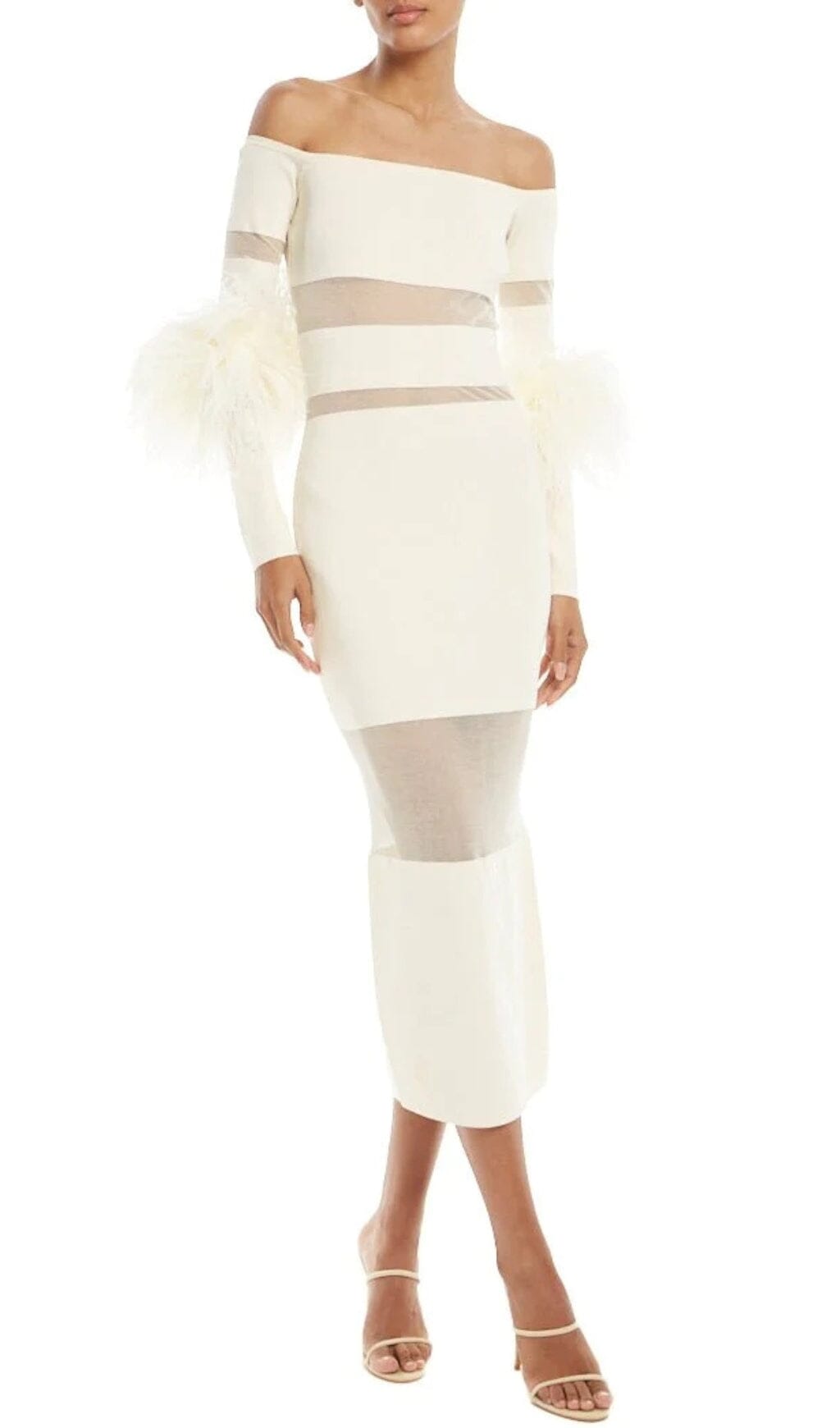Fashionslee Women Bandage Off-Shoulder Feather Midi Dress In White