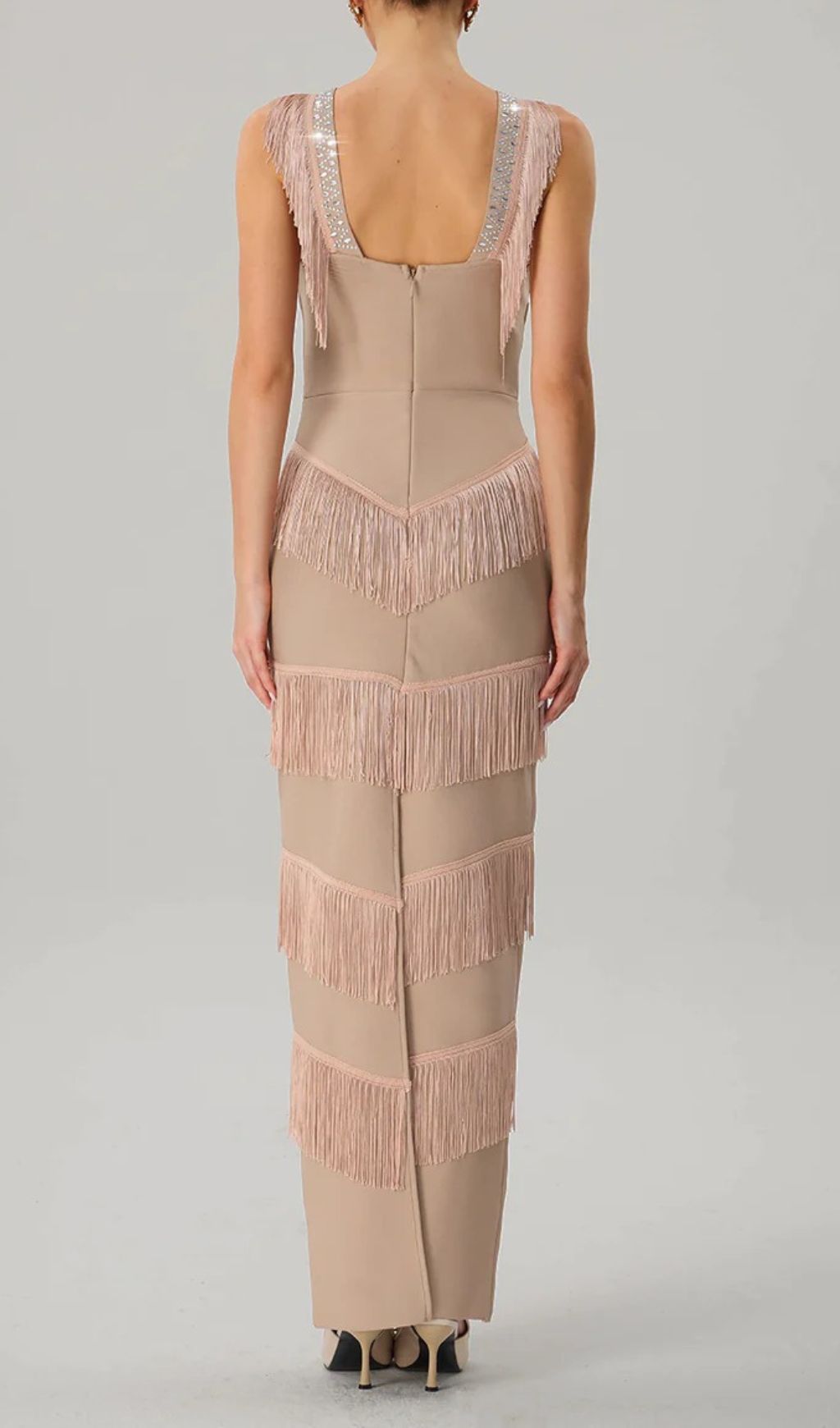 Fashionslee Women Kaleidrix V Neck Fringe Split Bandage Maxi Dress