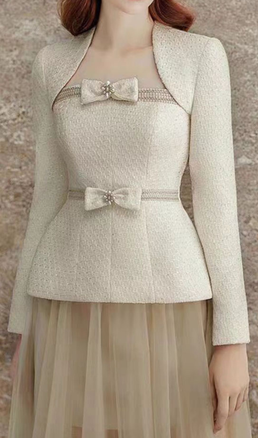 Fashionslee Women Cristy Long Sleeve Bow Mesh Skirt Set