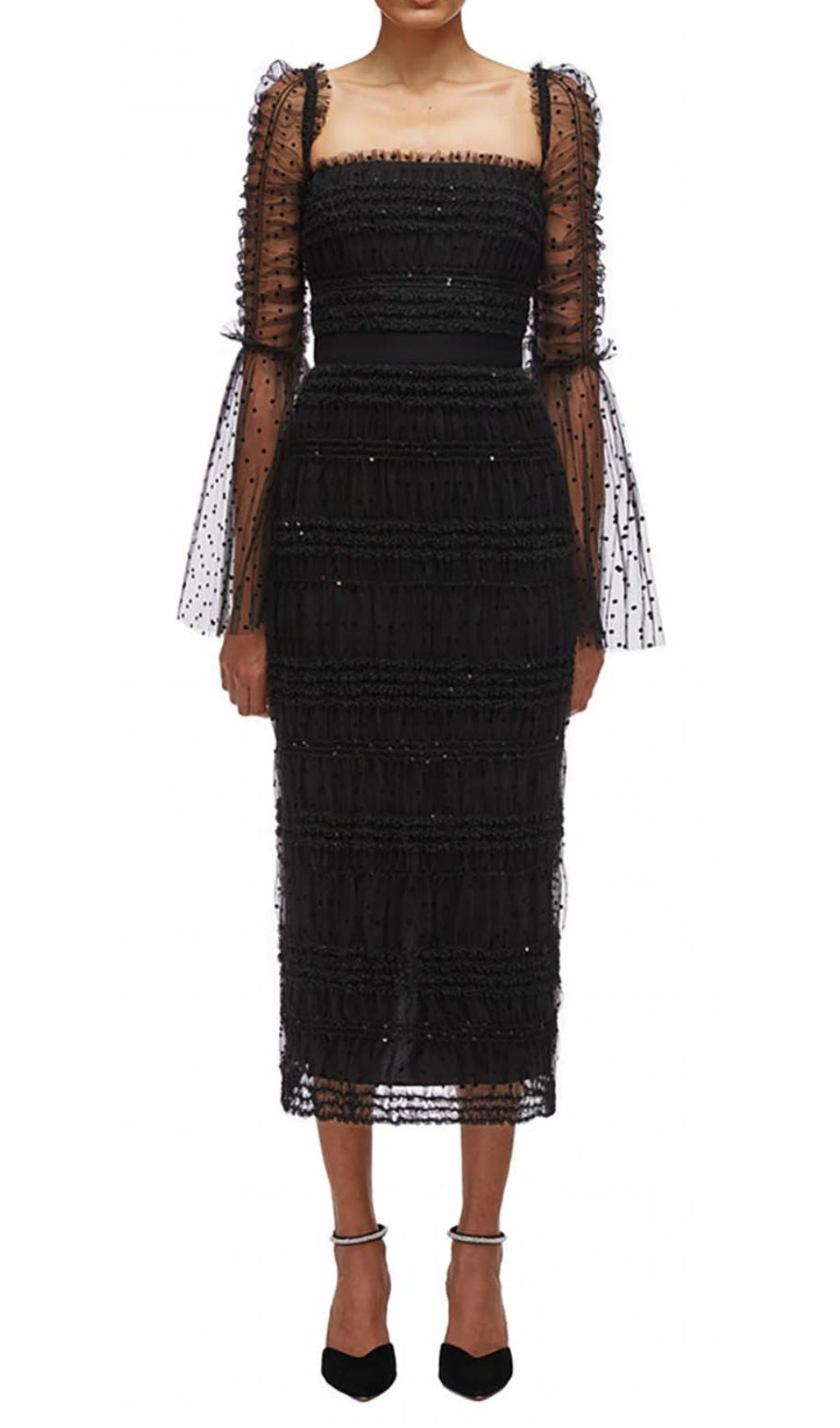 Fashionslee Women Dot Mesh Midi Dress In Black