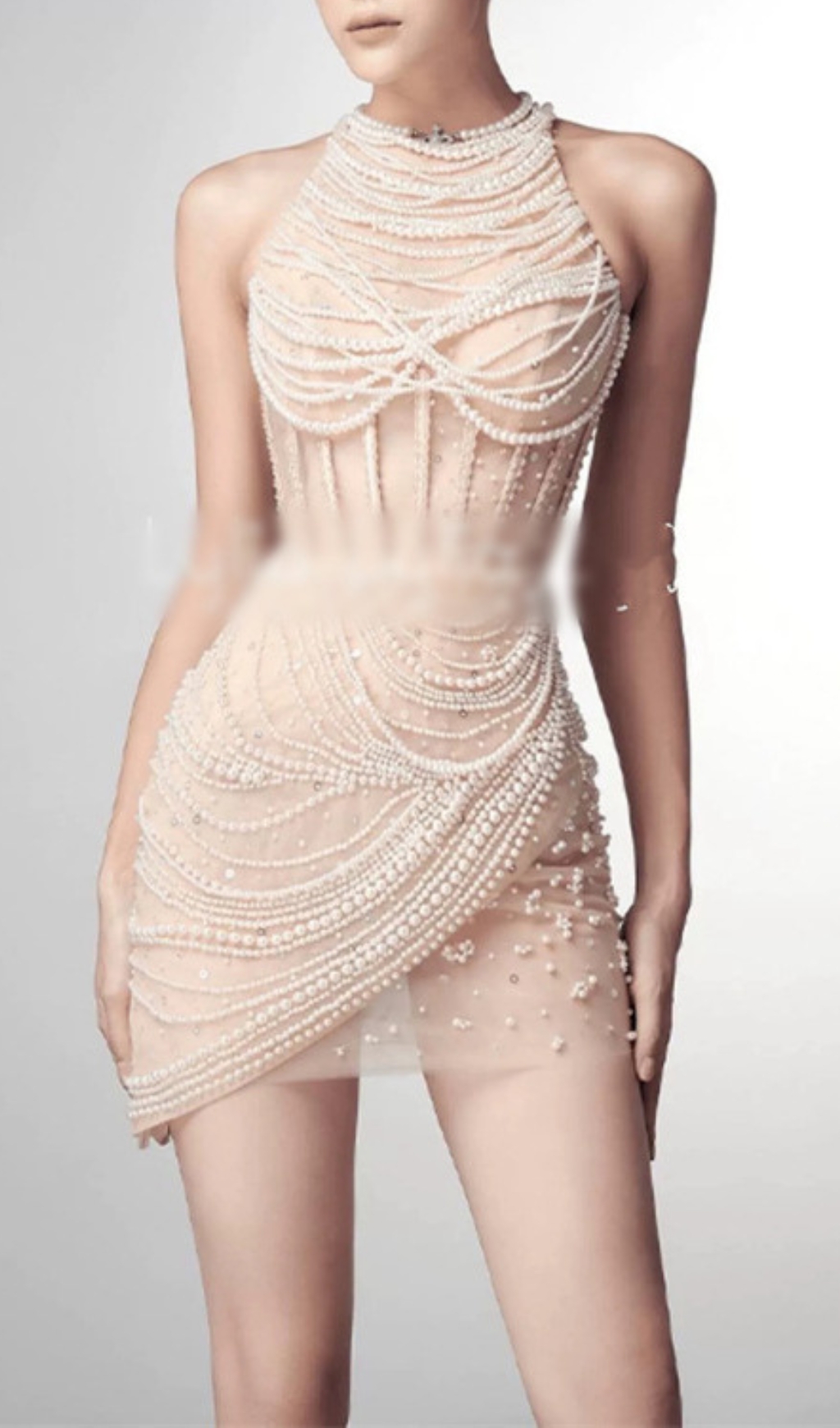 Fashionslee Women Demetria Apricot Pearl Corset Mesh Mini Dress