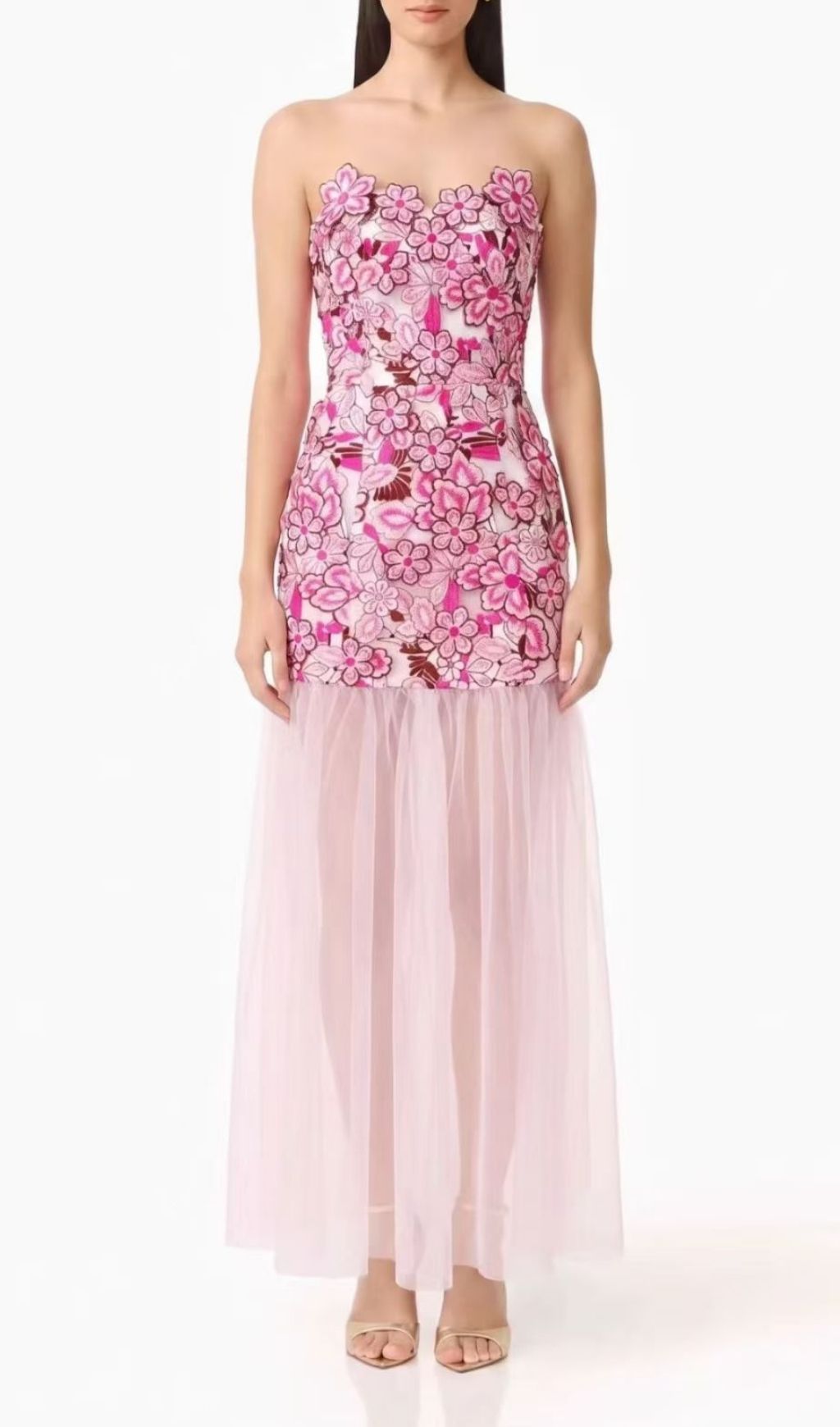 Fashionslee Women Kismet Pink 3D Flower Mesh Maxi Dress