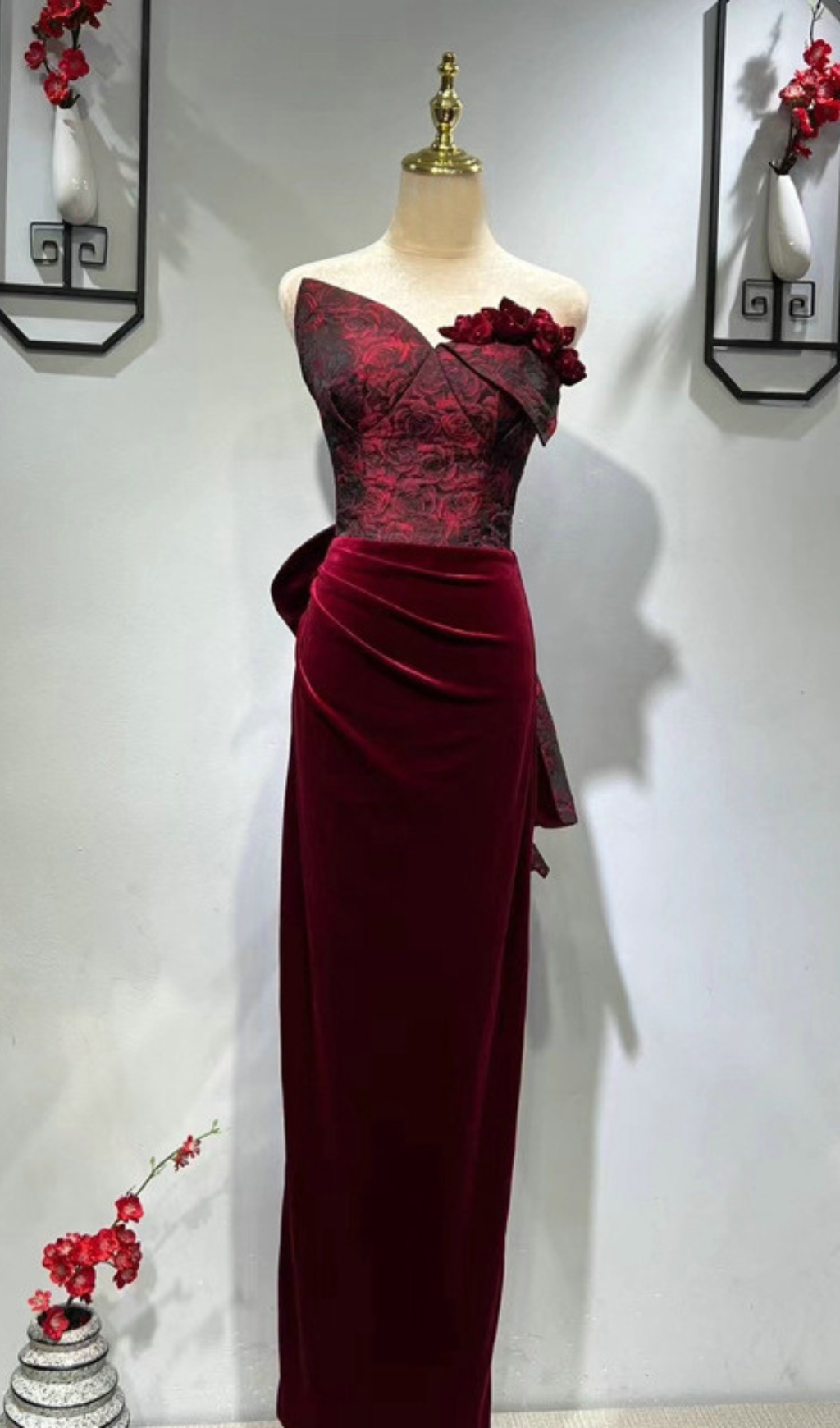 Fashionslee Women Chainey Wine Flower Velvet Maxi Dress