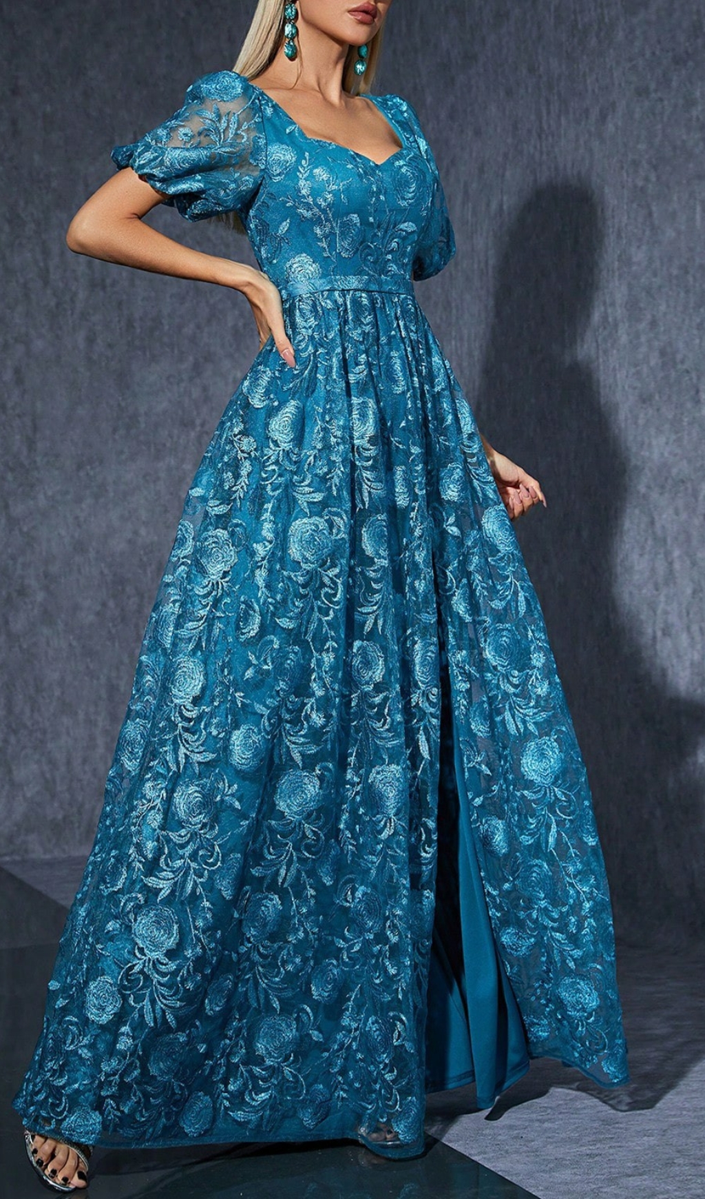 Fashionslee Women Dione Blue Puff Sleeve Flower Maxi Dress