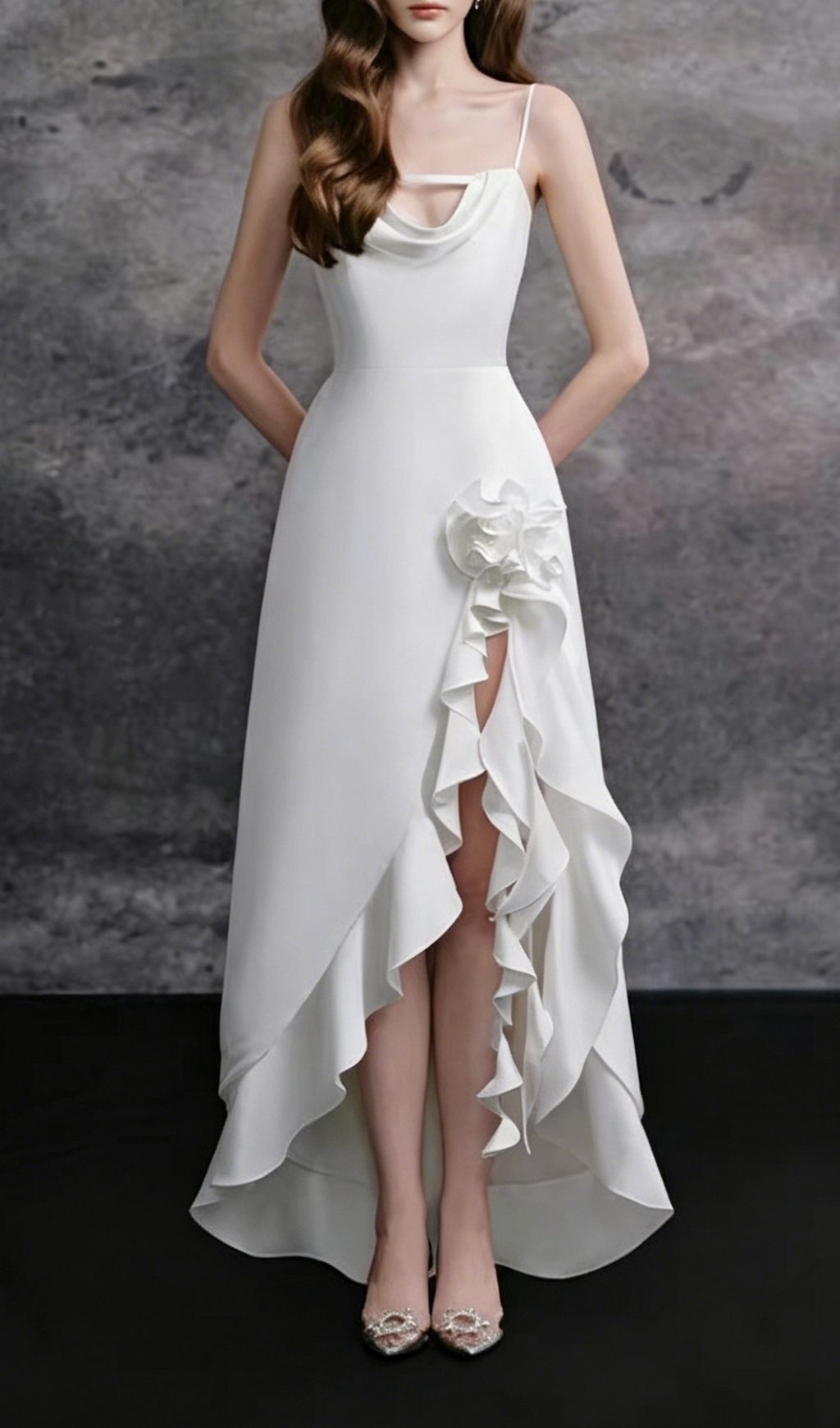 Fashionslee Women Kirana White Strappy Flower Ruffle Maxi Dress